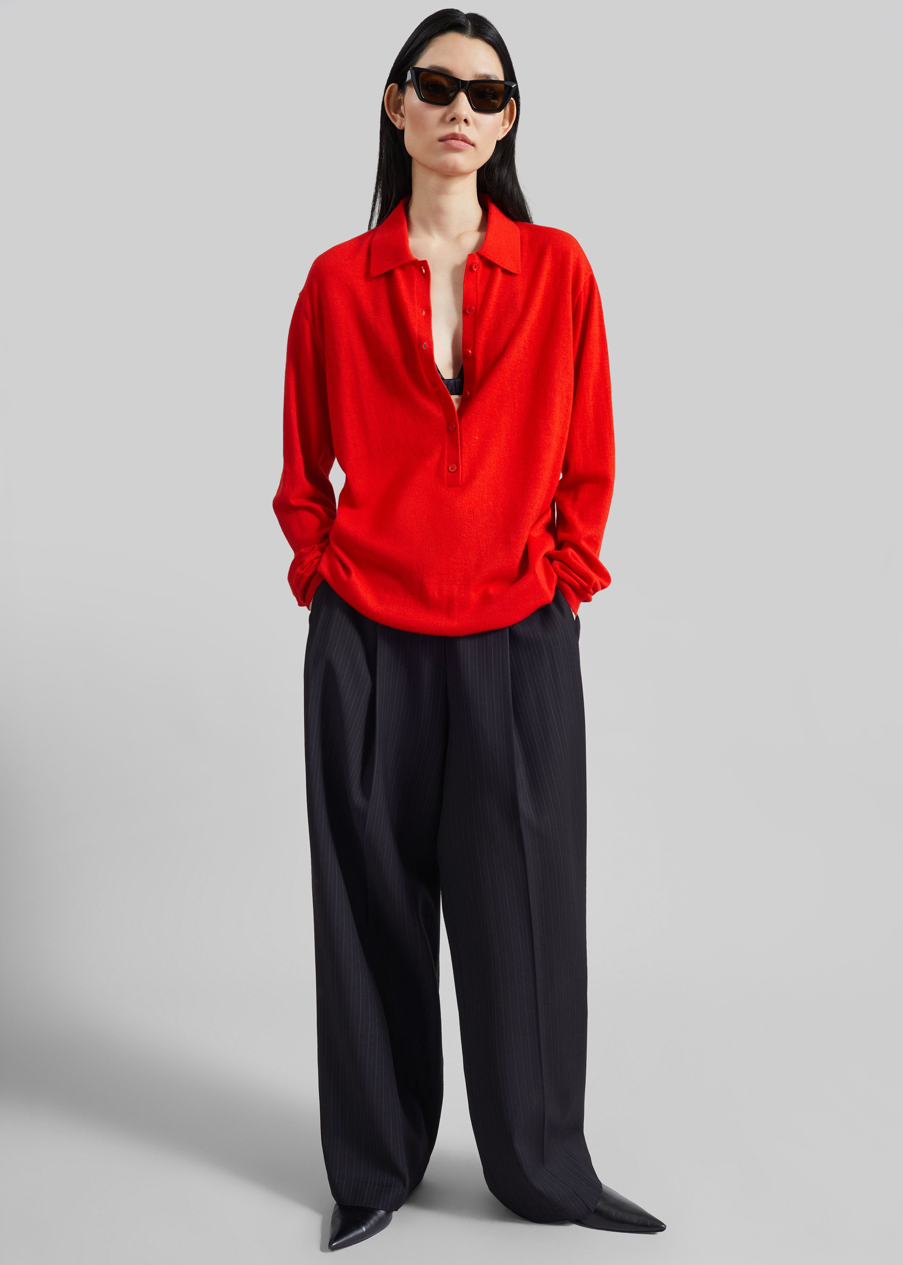 Tala Knit V-Neck Polo - Red - 2