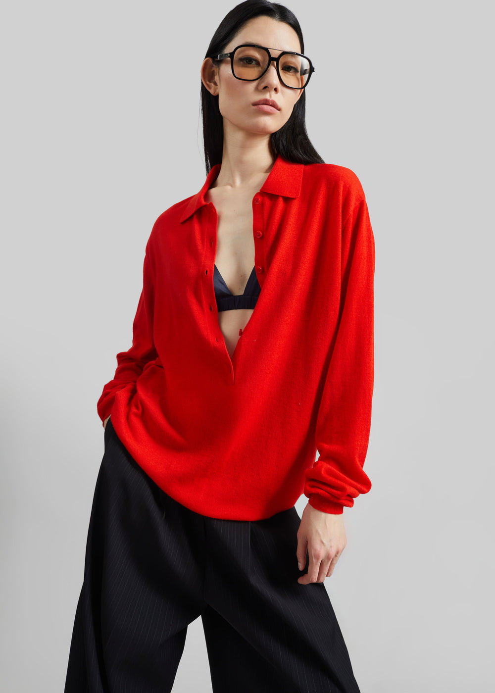 Tala Knit V-Neck Polo - Red