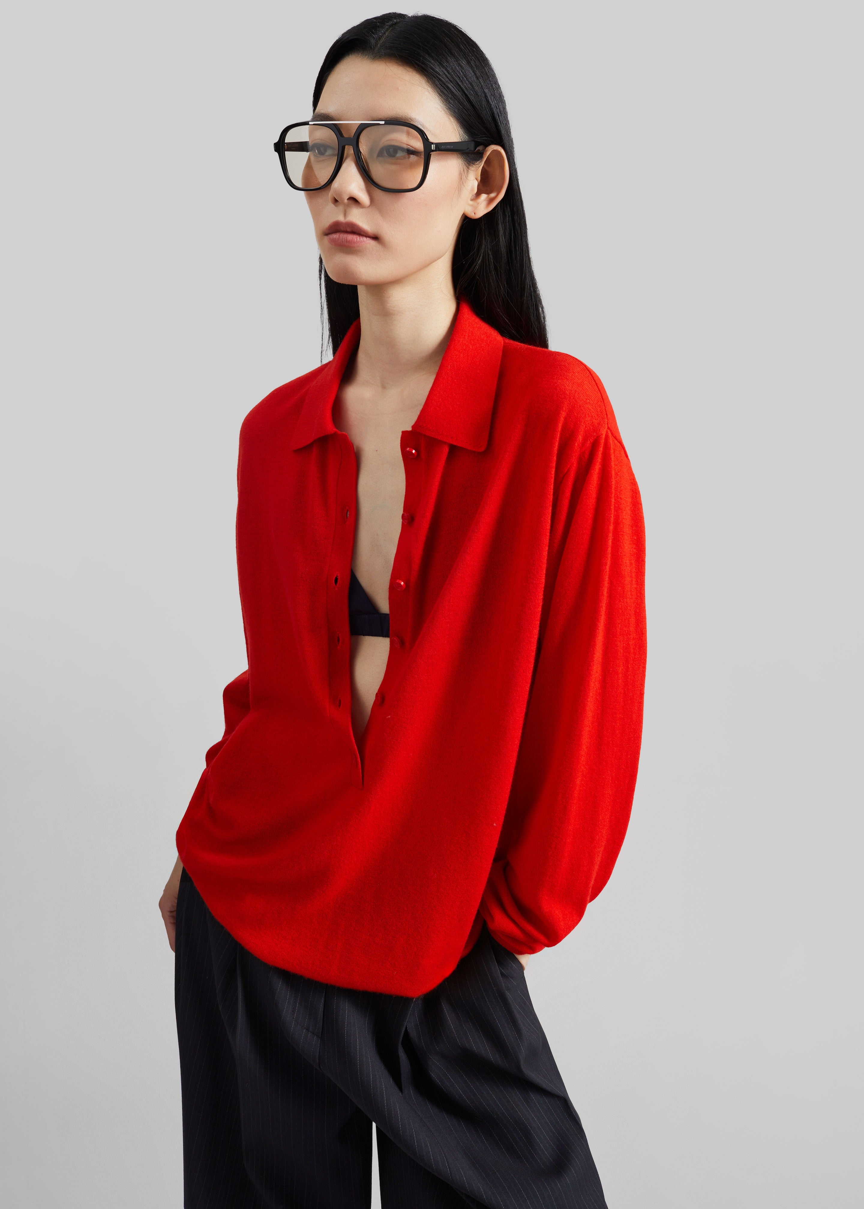 Tala Knit V-Neck Polo - Red - 4