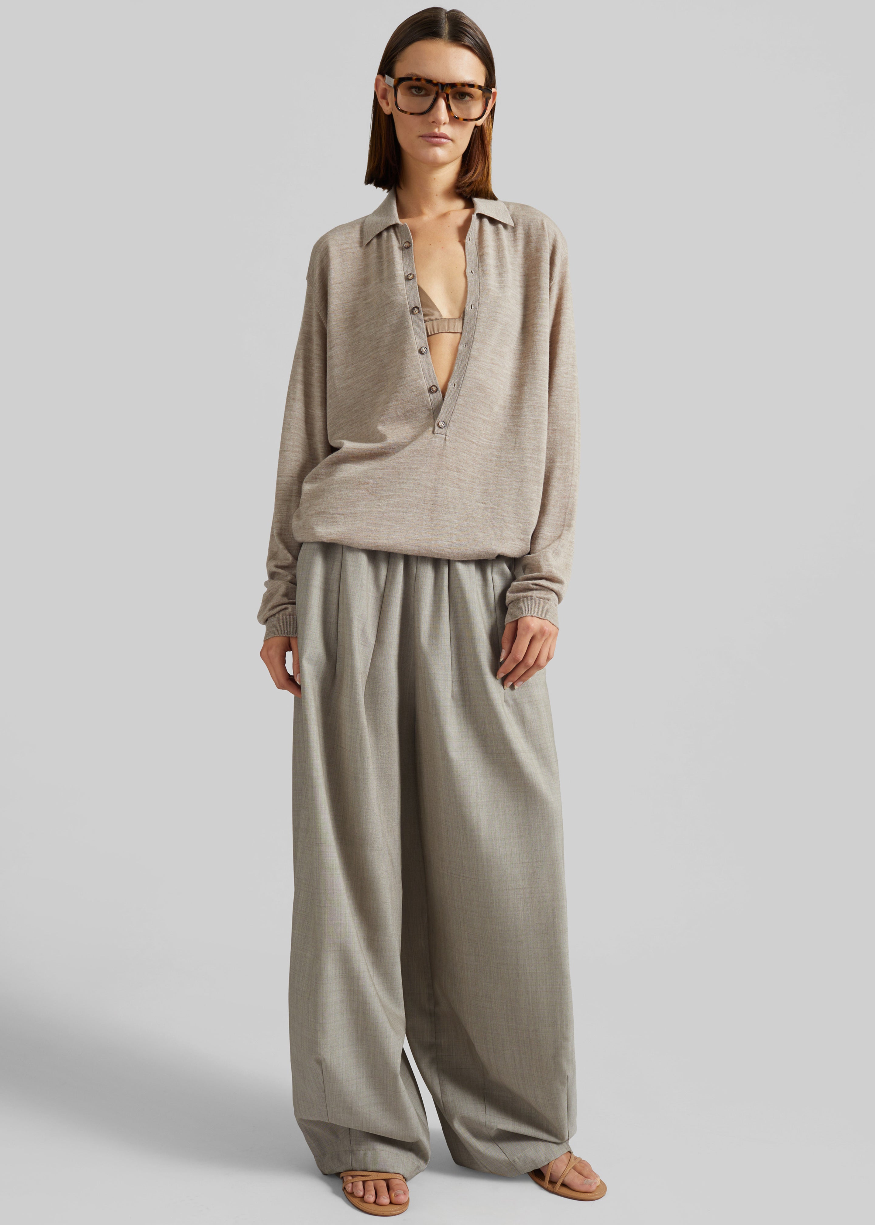 Tala Knit V-Neck Polo - Taupe Melange - 3