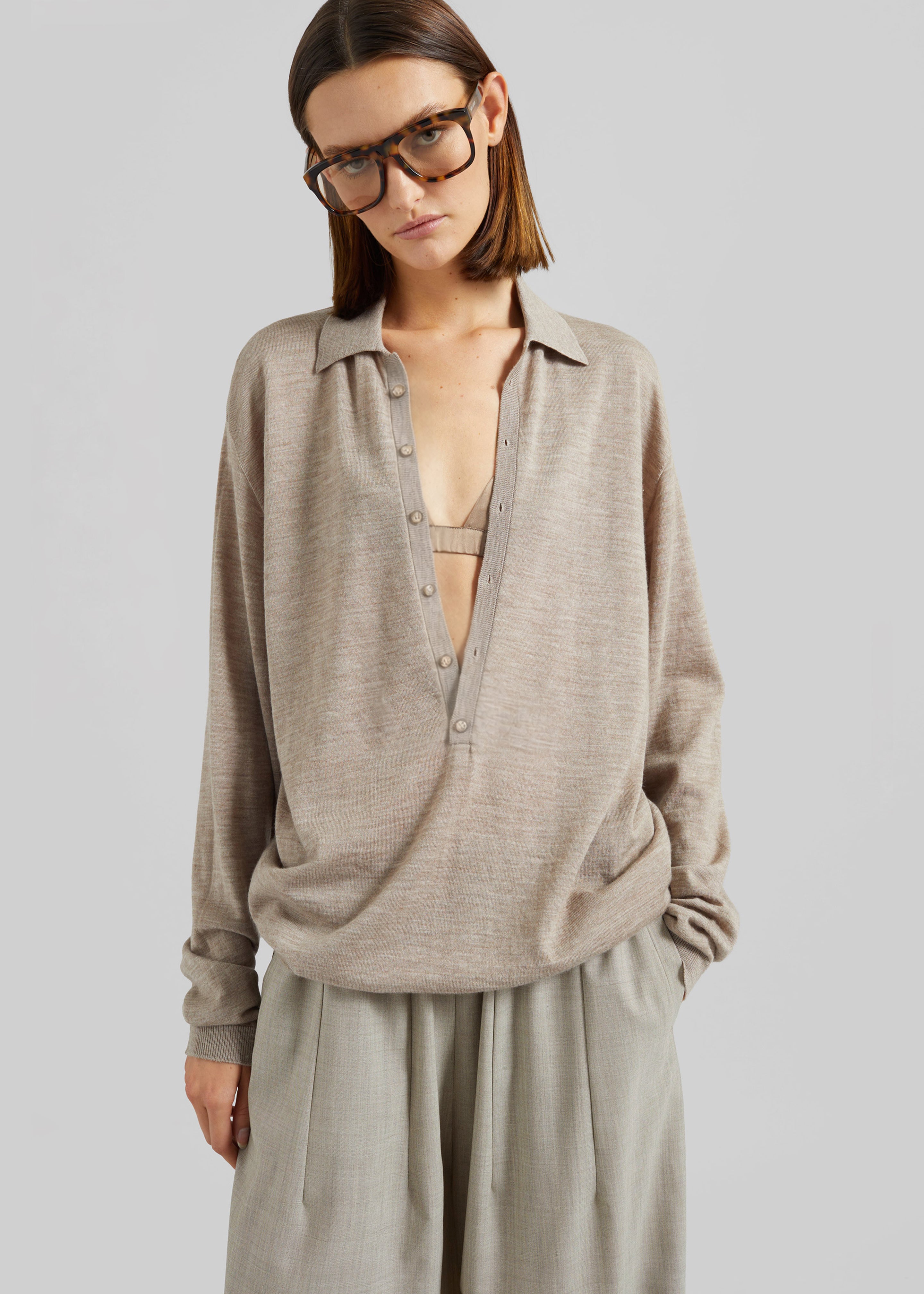 Tala Knit V-Neck Polo - Taupe Melange - 1