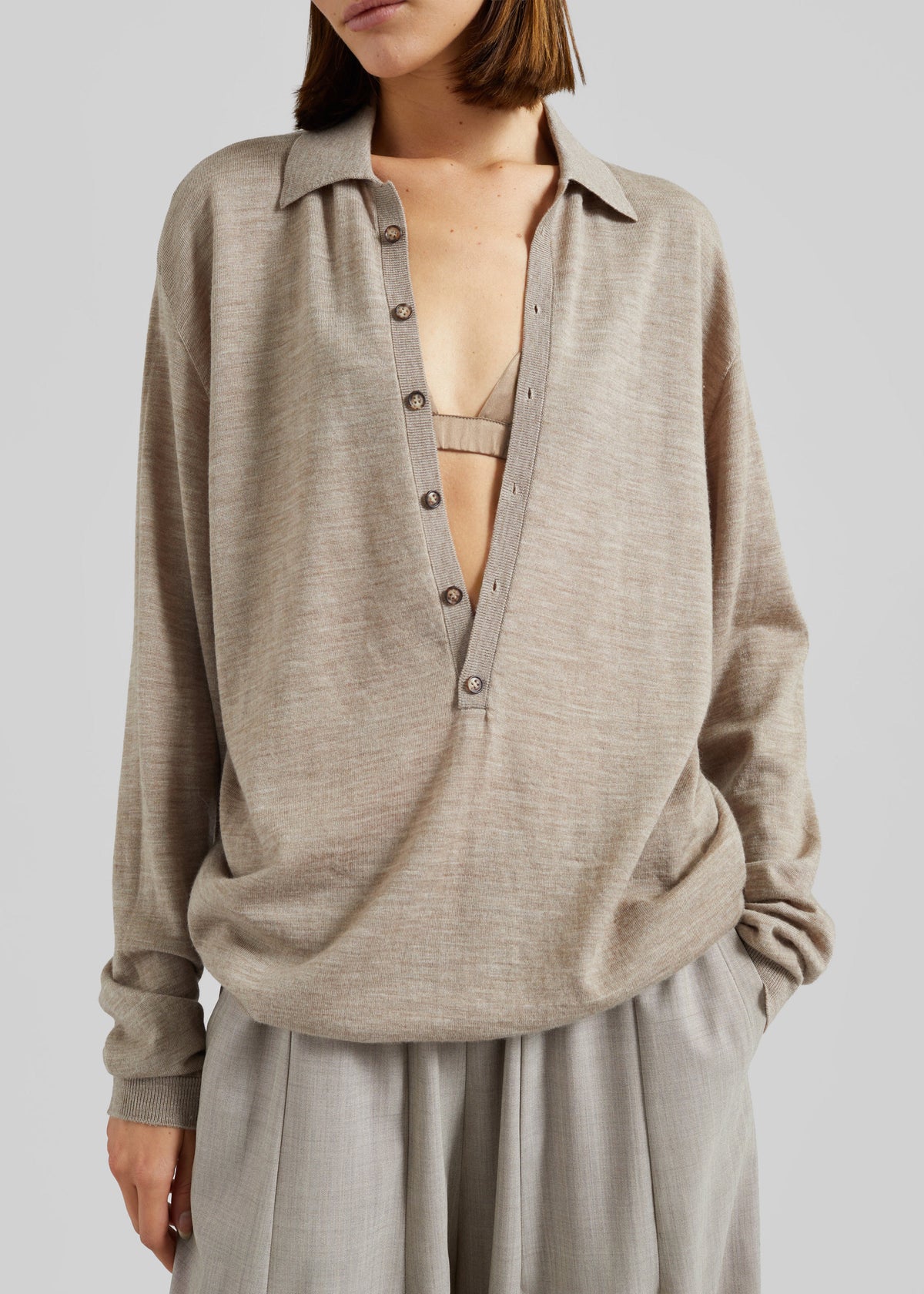 Tala Knit V-Neck Polo - Taupe Melange - 4