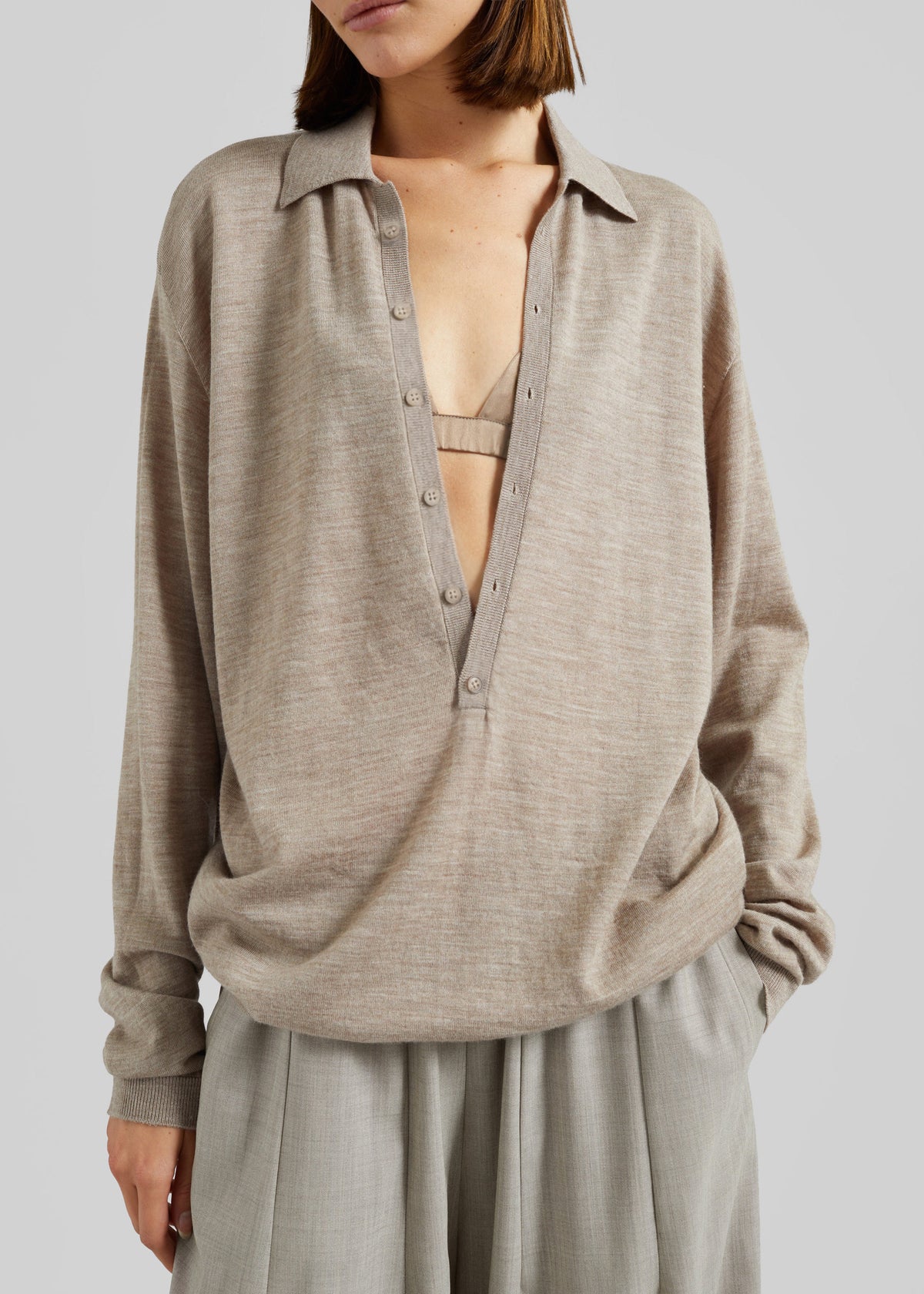 Tala Knit V-Neck Polo - Taupe Melange - 4