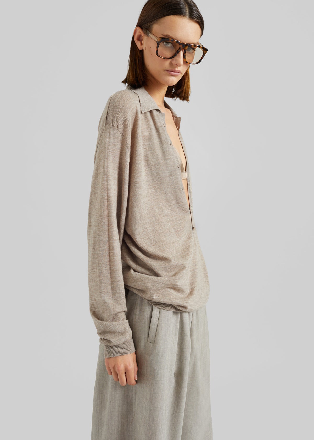 Tala Knit V-Neck Polo - Taupe Melange - 7