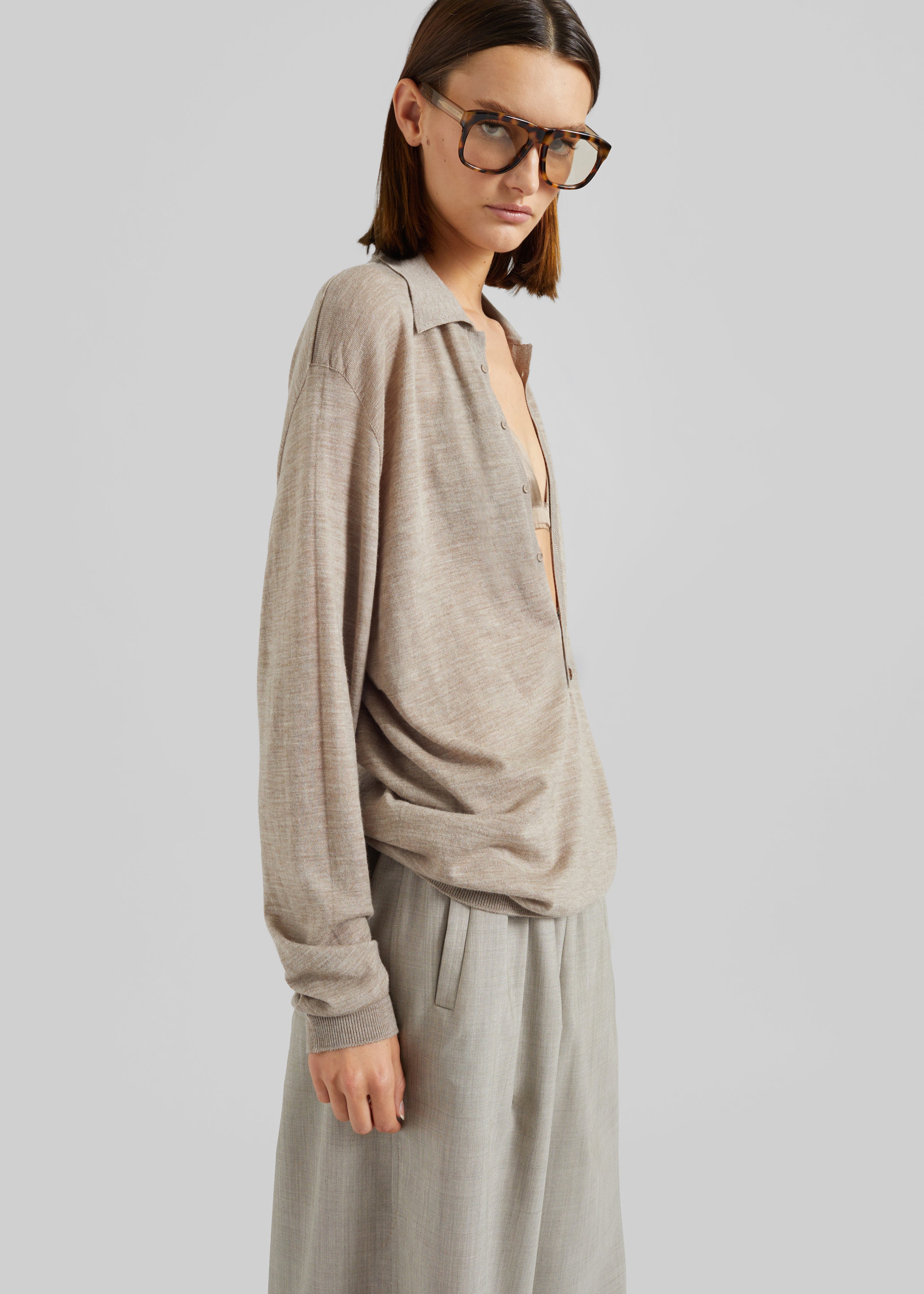 Tala Knit V-Neck Polo - Taupe Melange - 7