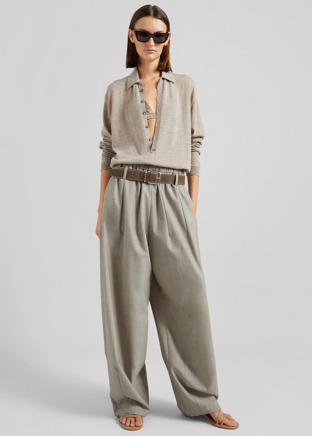 Tala Knit V-Neck Polo - Taupe Melange - 8