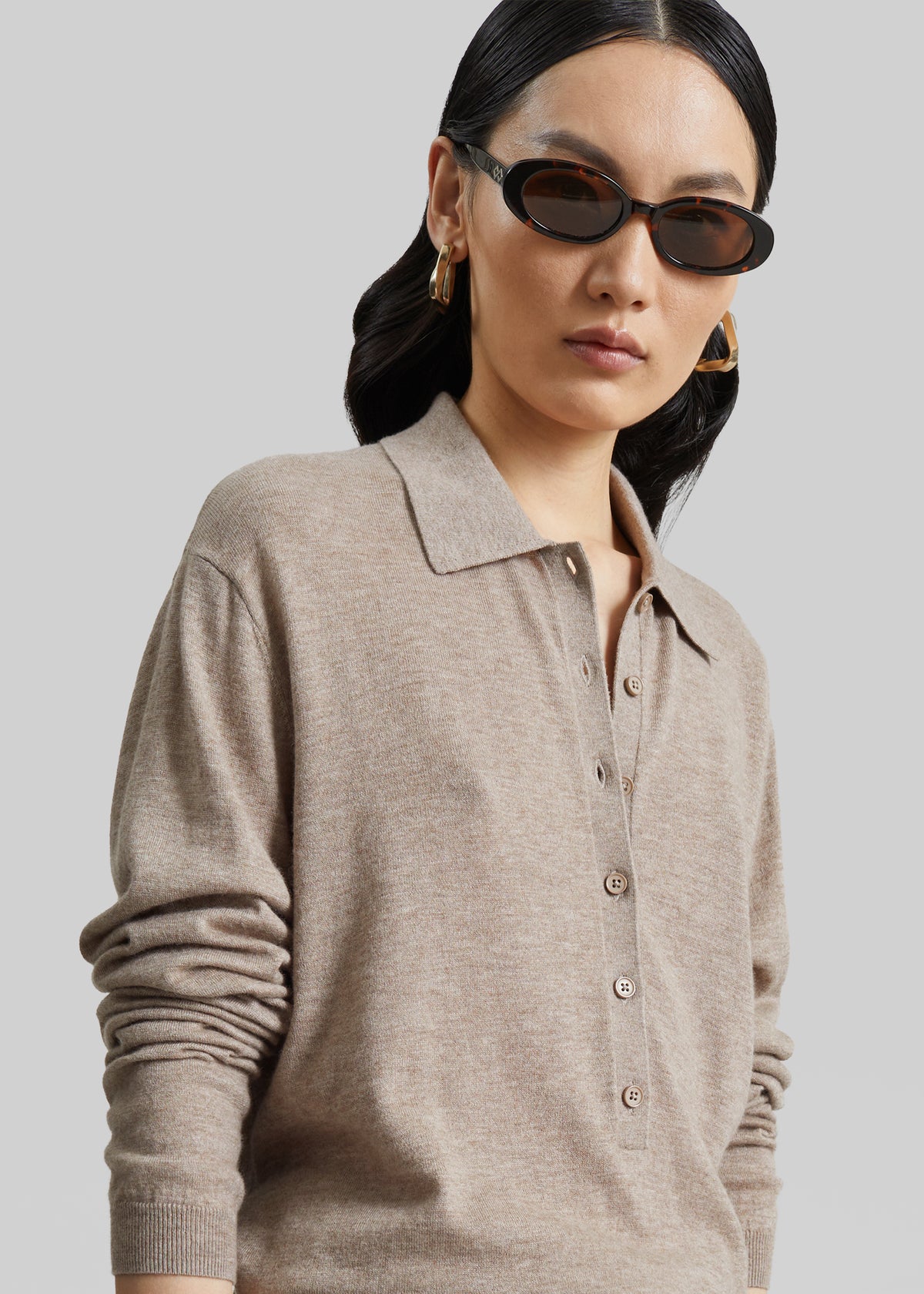 Tala Knit V-Neck Polo - Taupe Melange - 8