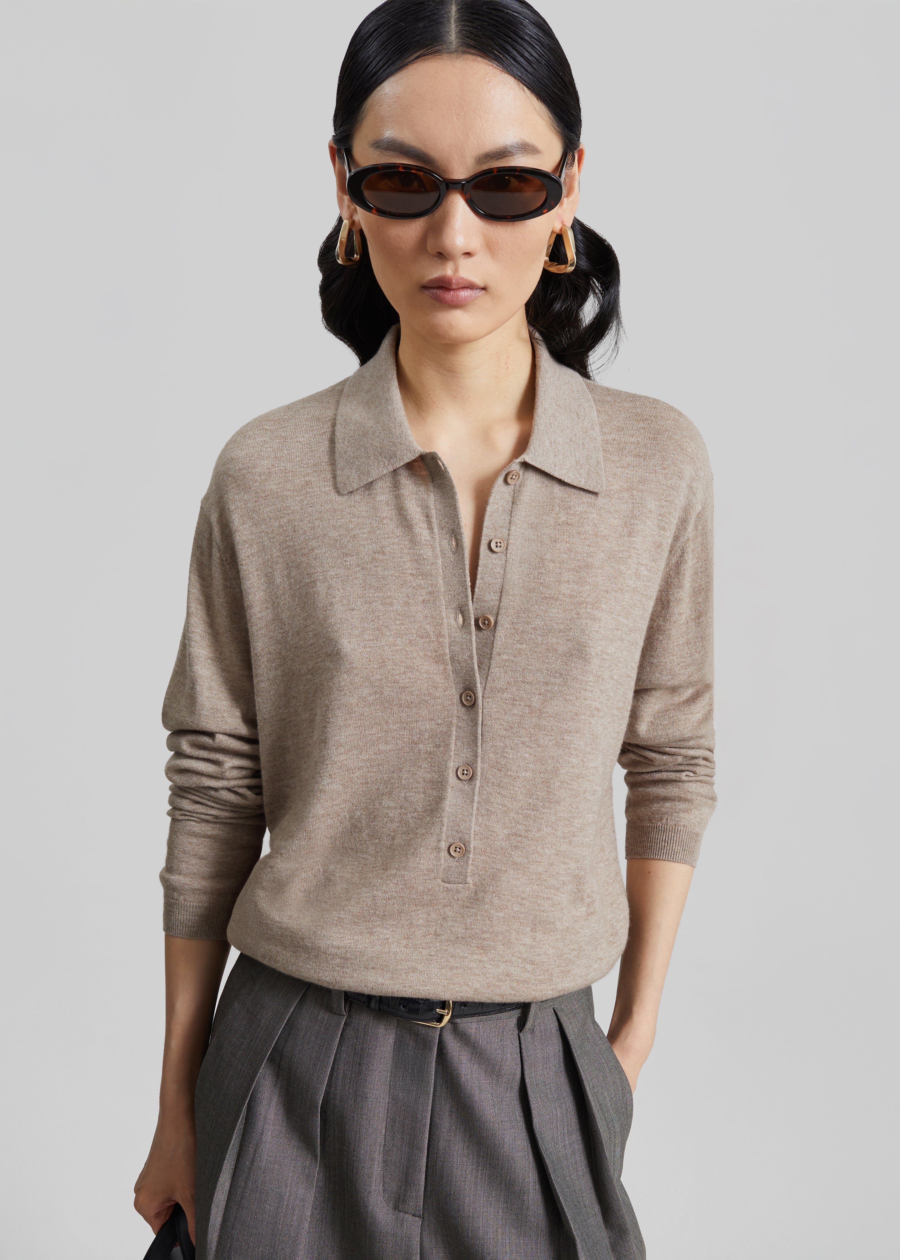 Tala Knit V-Neck Polo - Taupe Melange - 10