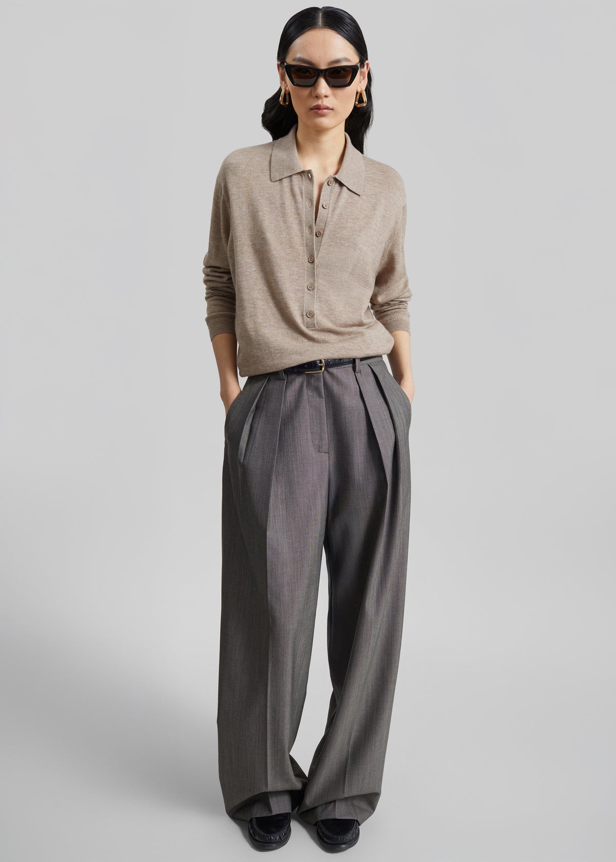 Tala Knit V-Neck Polo - Taupe Melange - 9