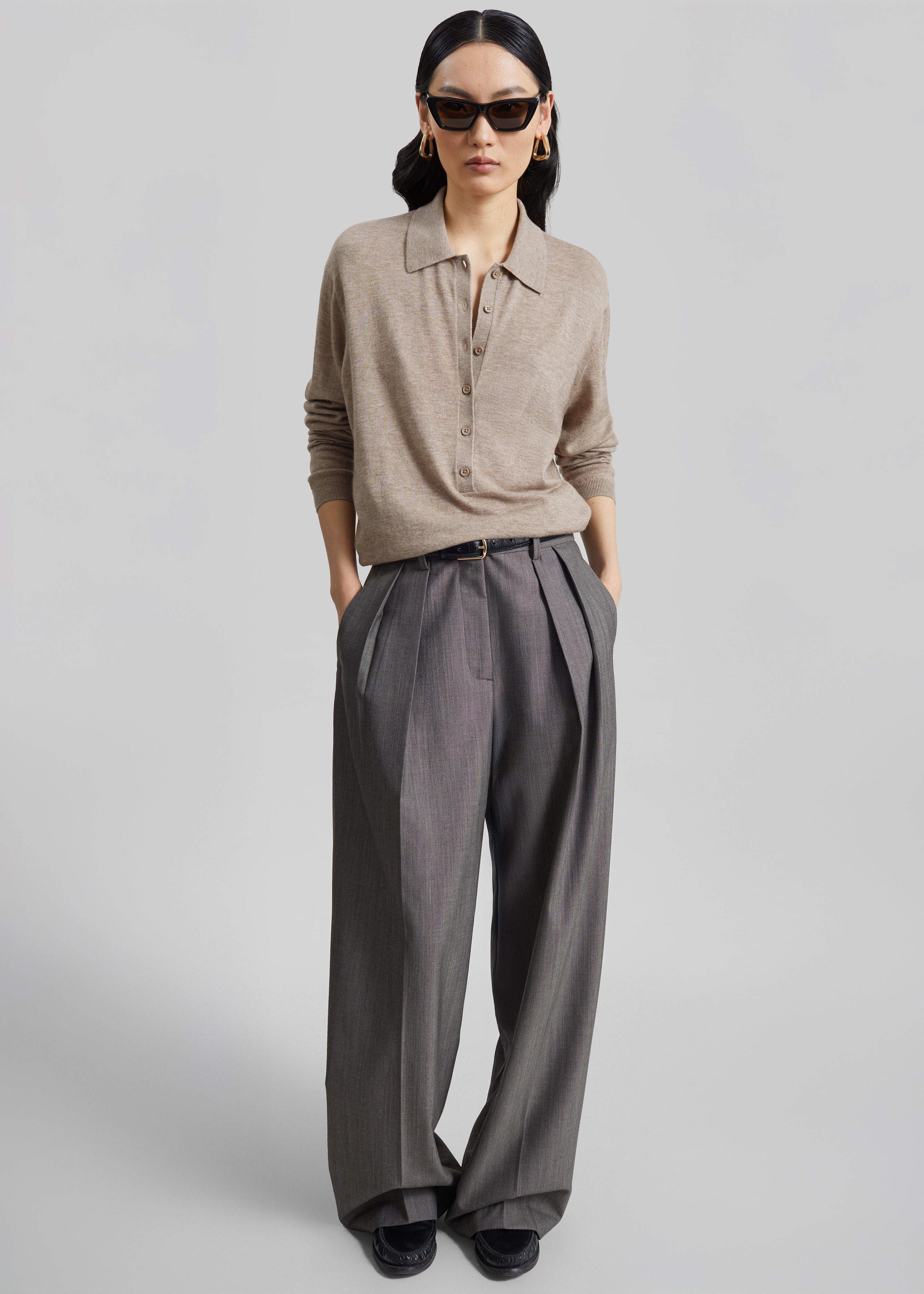 Tala Knit V-Neck Polo - Taupe Melange - 9