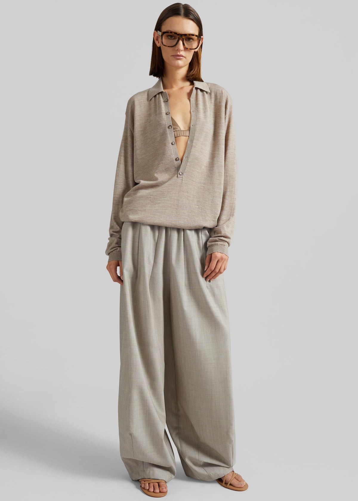 Tala Knit V-Neck Polo - Taupe Melange - 3