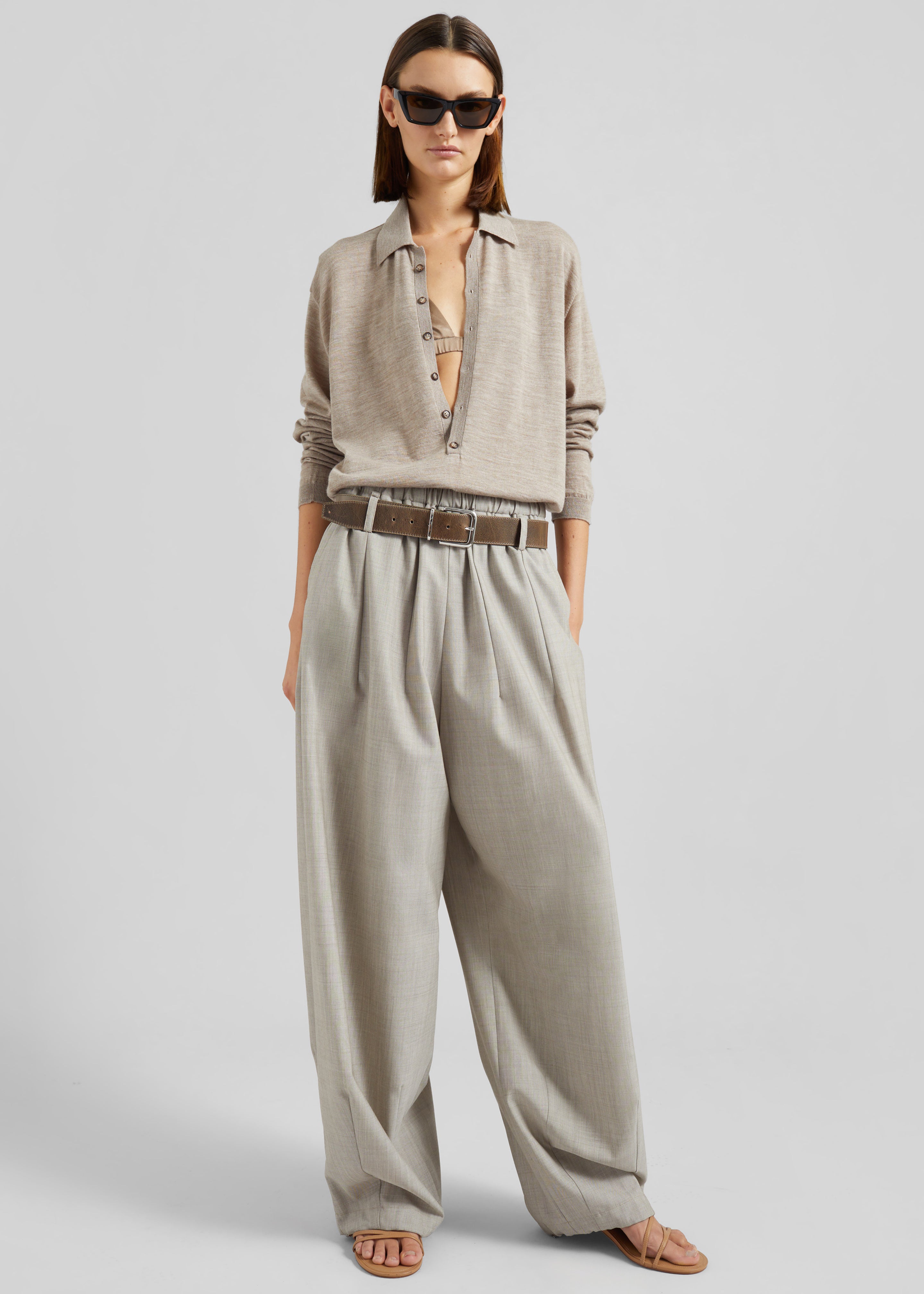 Tala Knit V-Neck Polo - Taupe Melange - 8