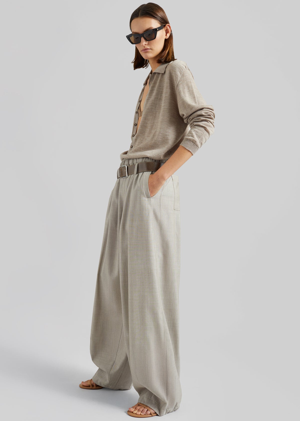 Tala Knit V-Neck Polo - Taupe Melange - 10