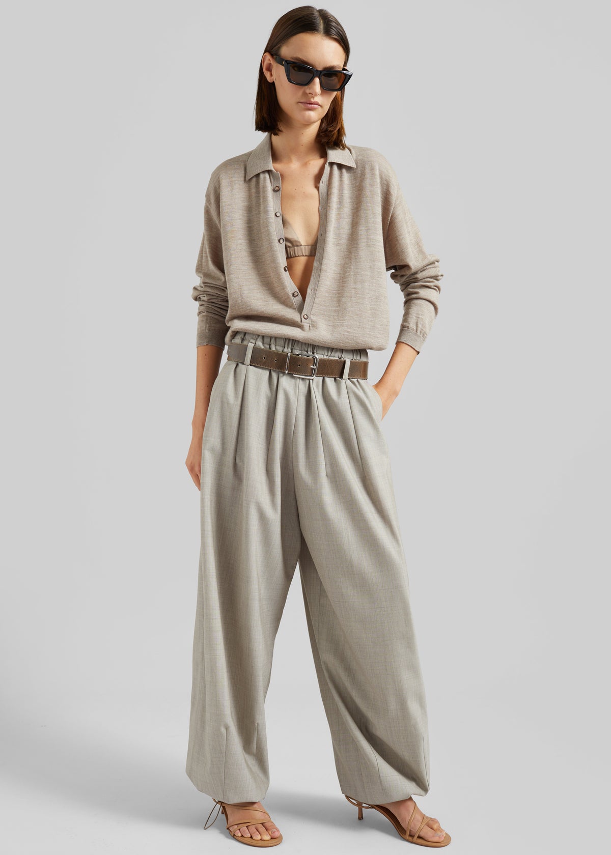 Tala Knit V-Neck Polo - Taupe Melange - 5