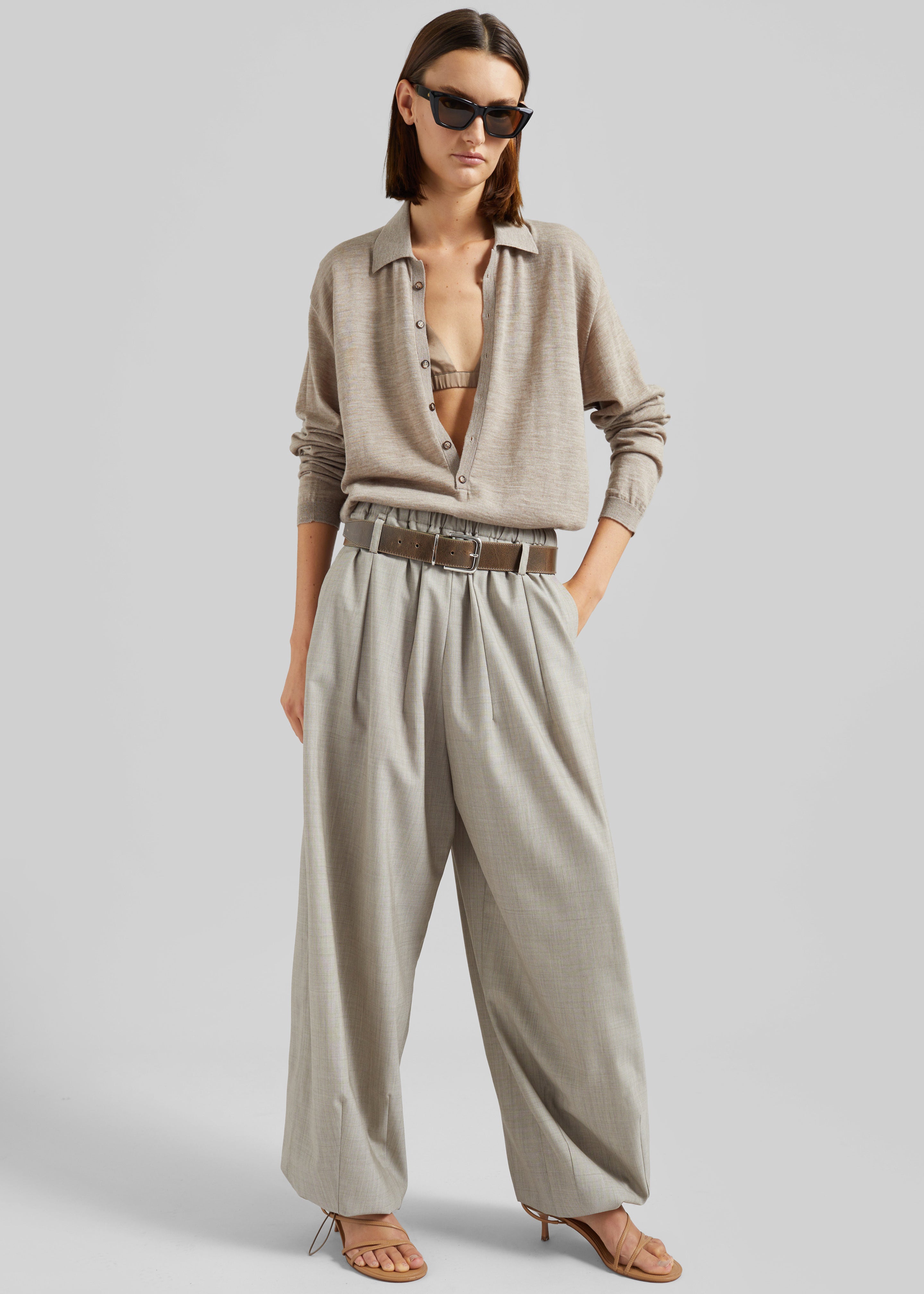 Tala Knit V-Neck Polo - Taupe Melange - 5