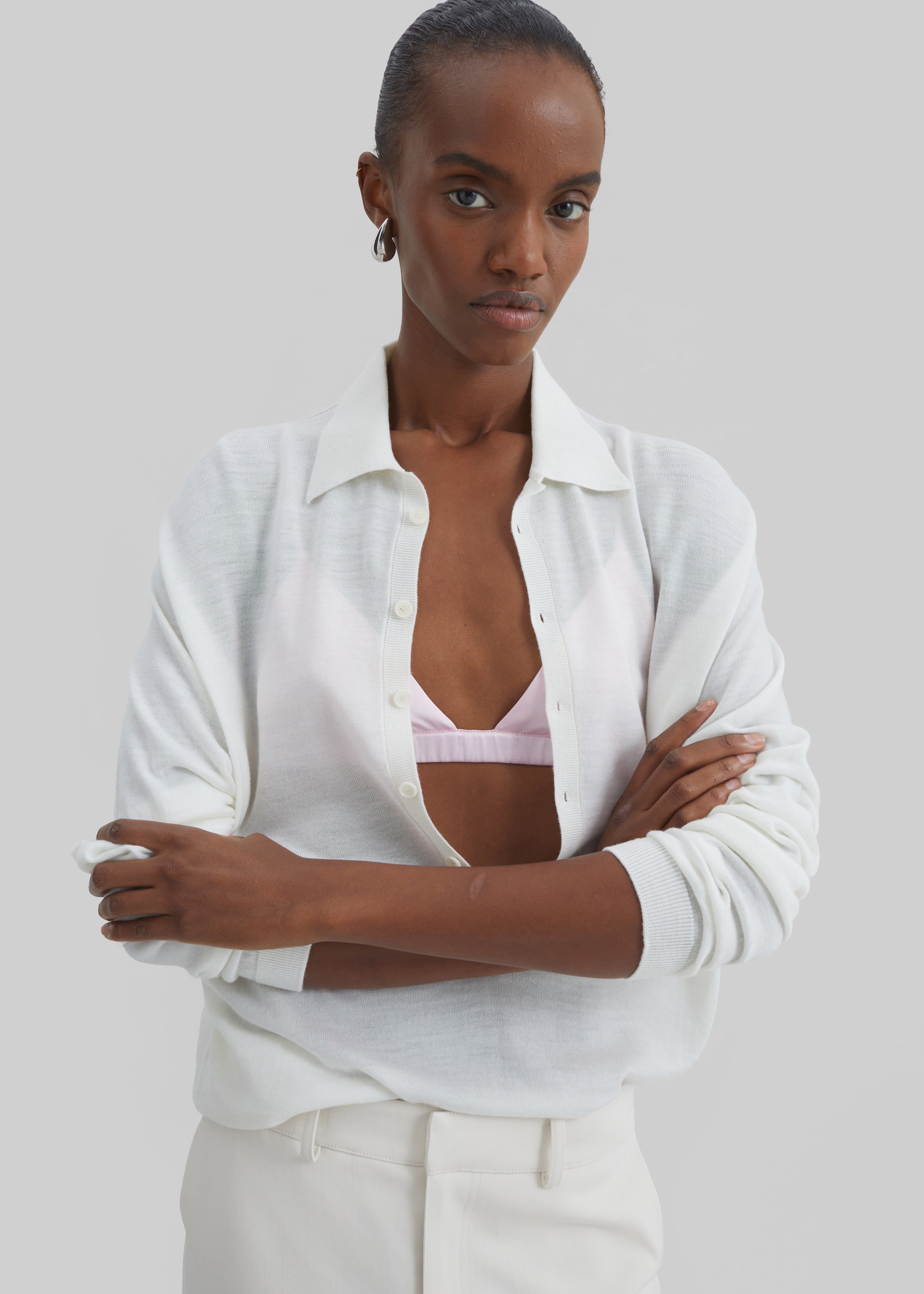 Tala Knit V-Neck Polo - White - 4