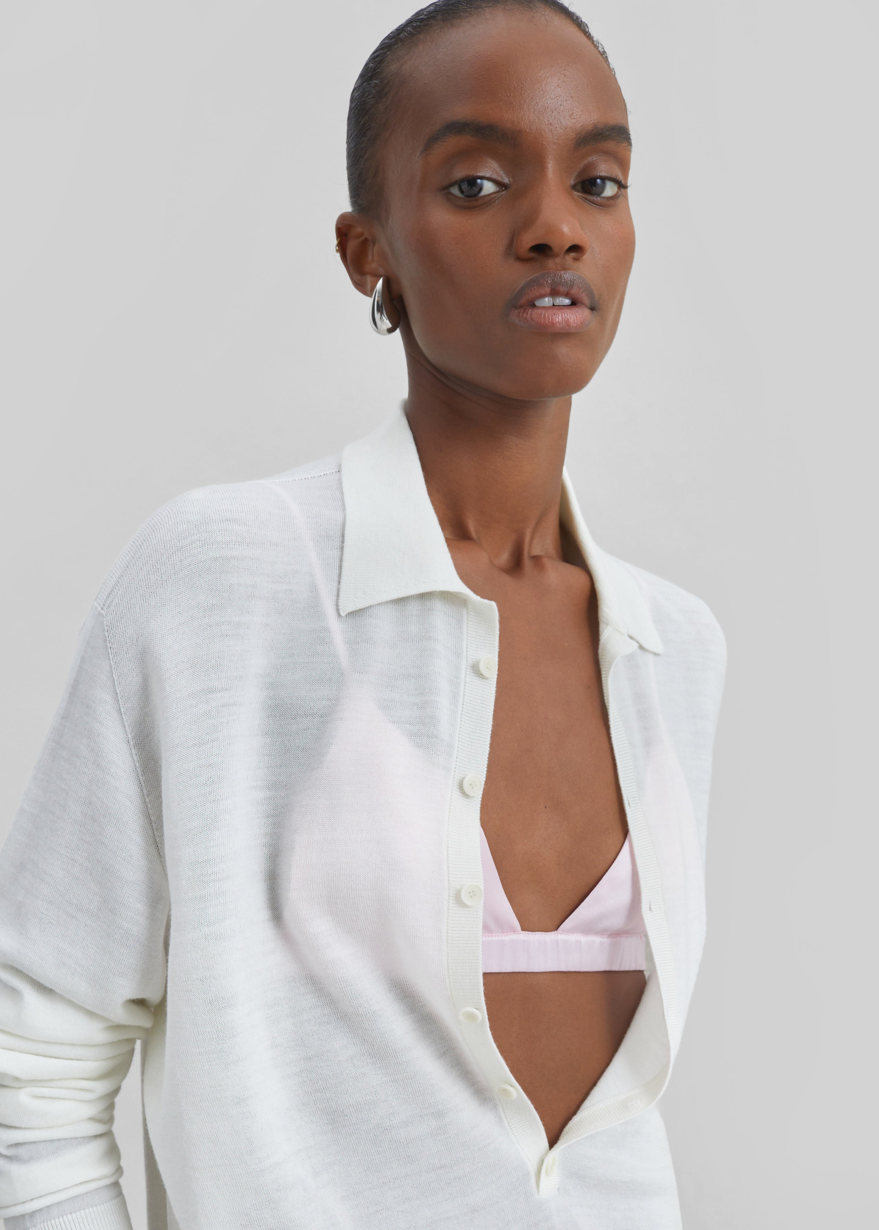 Tala Knit V-Neck Polo - White - 2