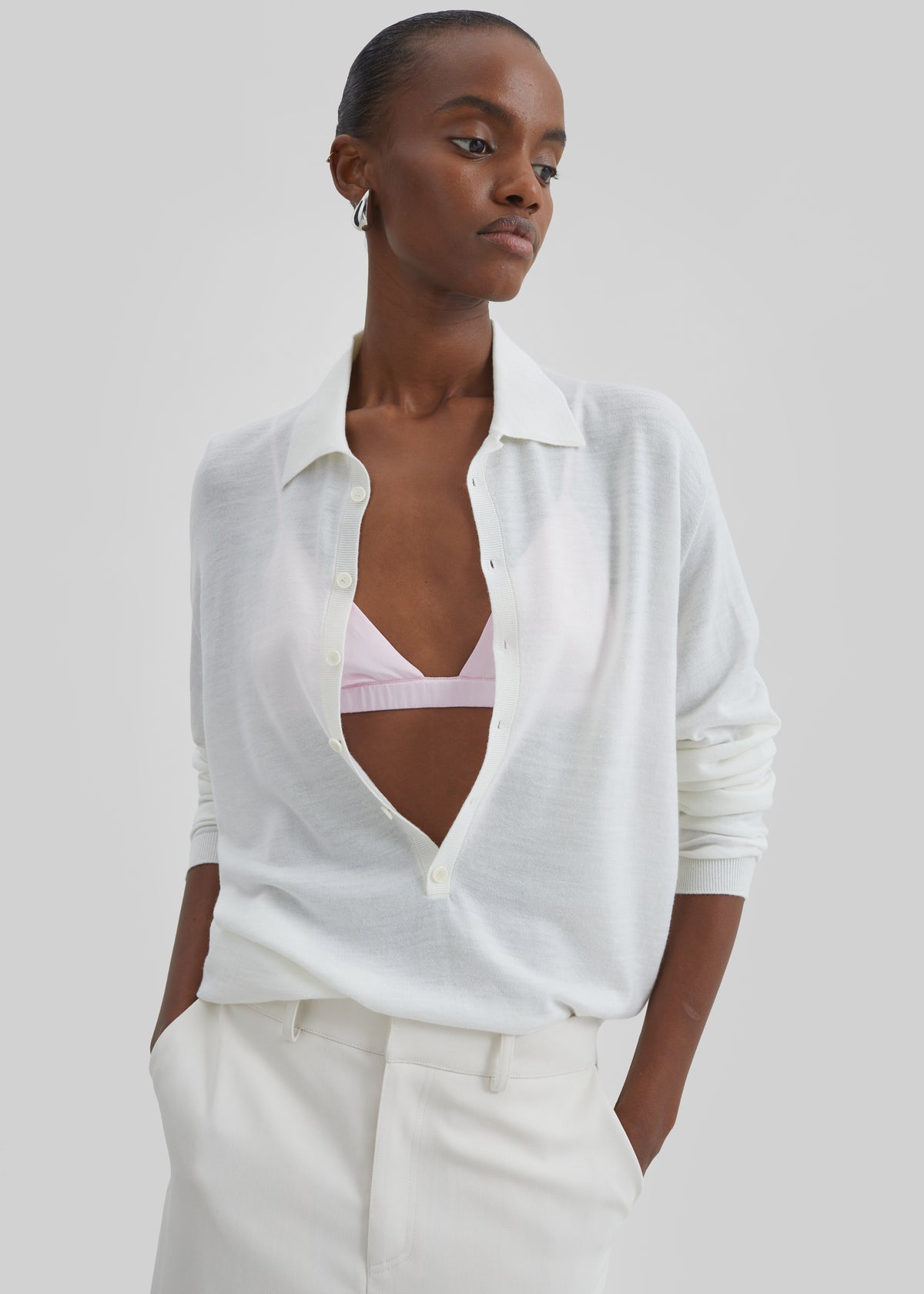 Tala Knit V-Neck Polo - White - 1