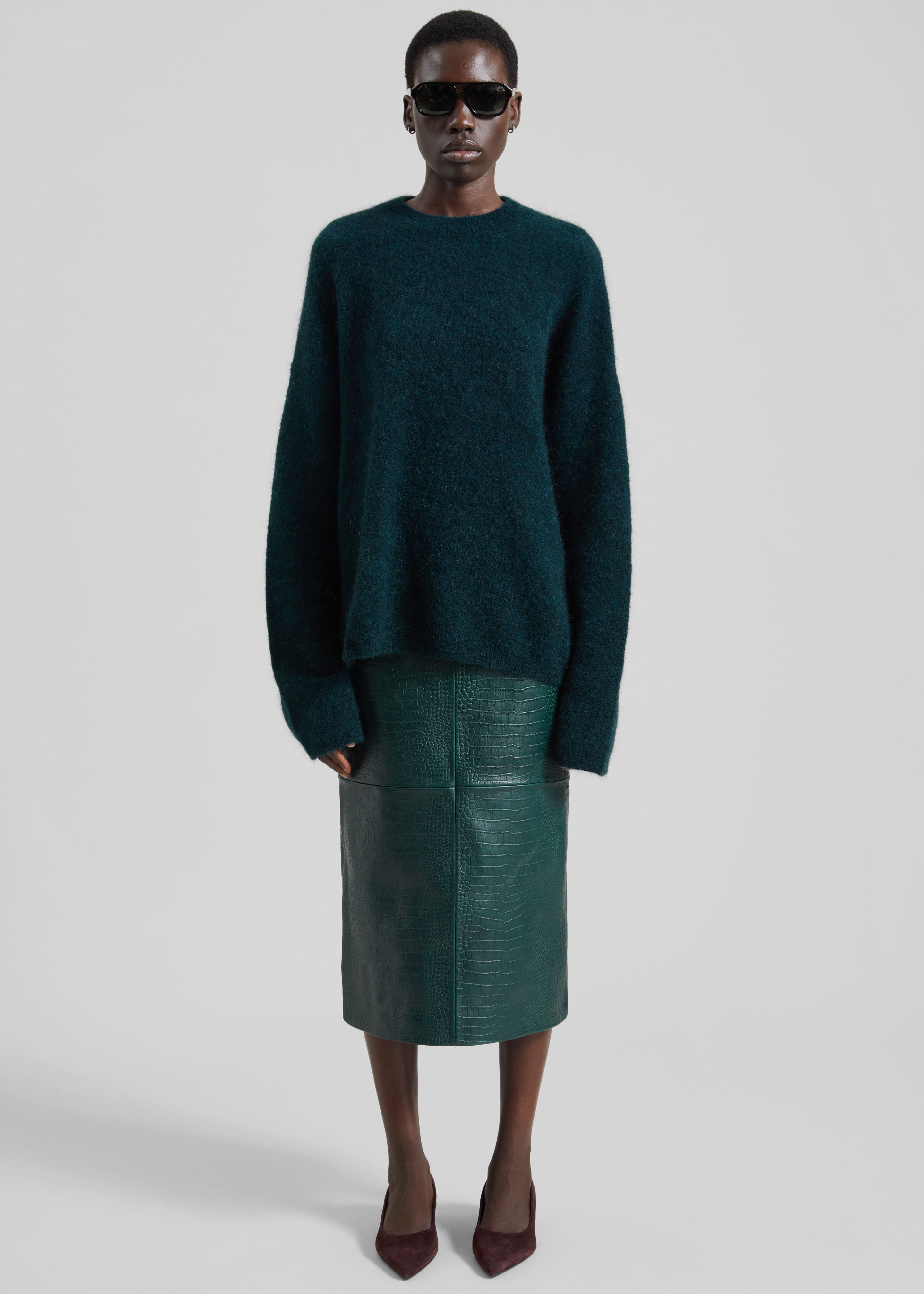 Taney Croc Leather Pencil Skirt - Bottle Green - 3