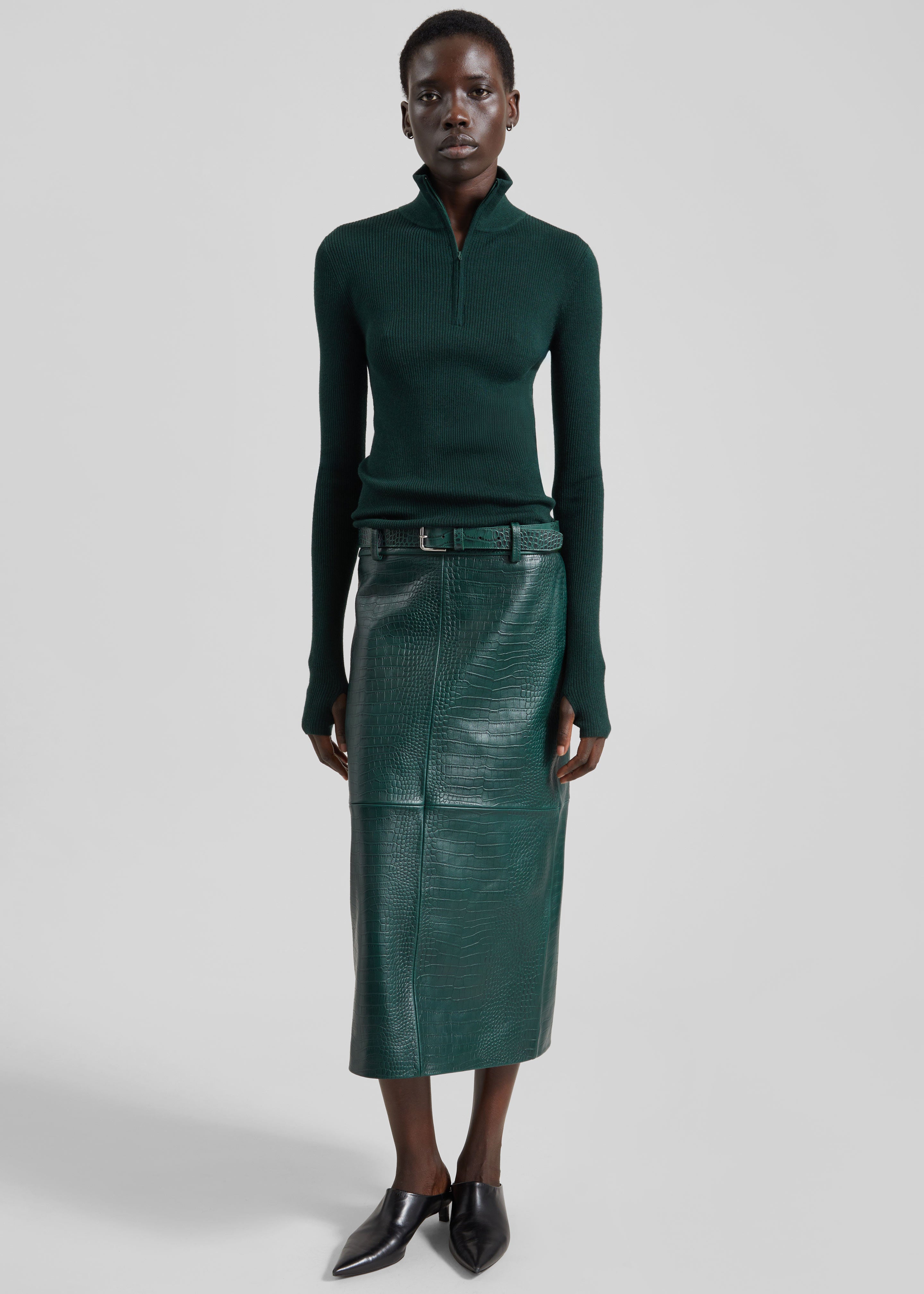 Taney Croc Leather Pencil Skirt - Bottle Green - 6