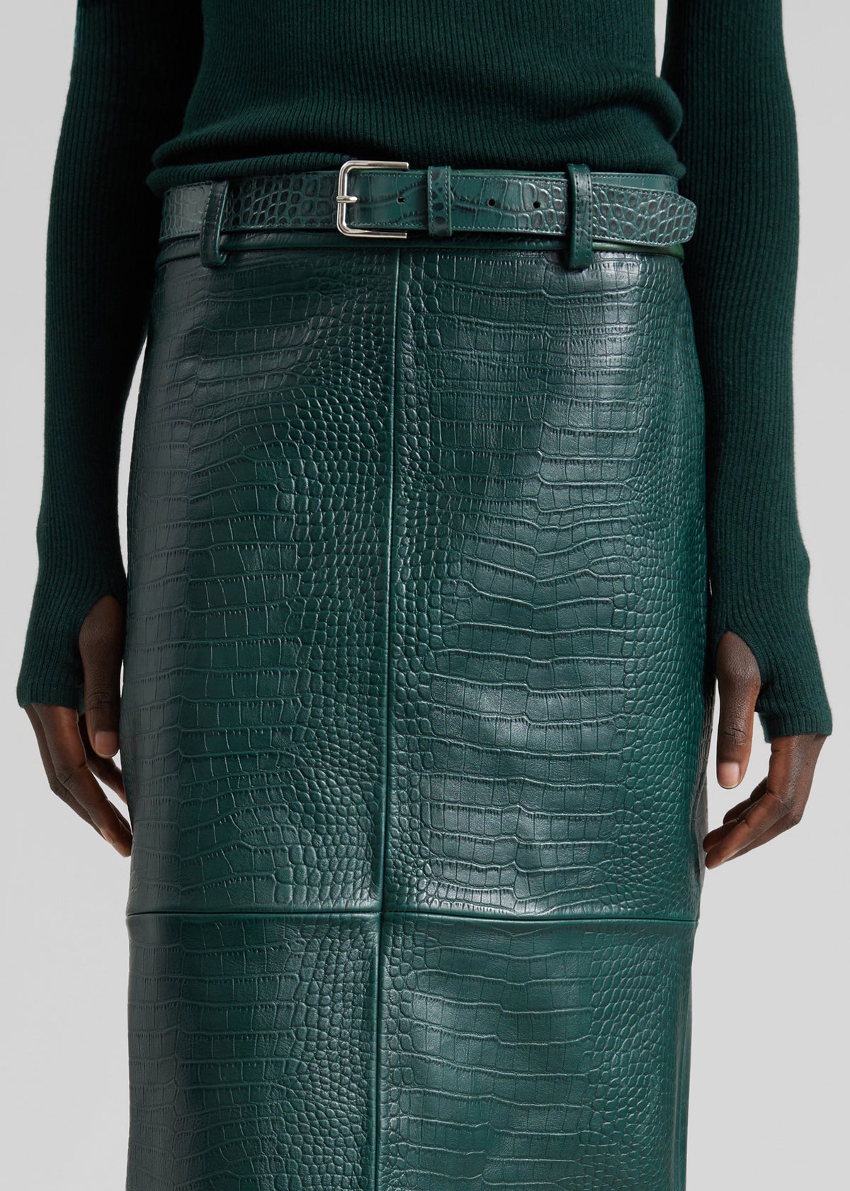 Taney Croc Leather Pencil Skirt - Bottle Green - 4