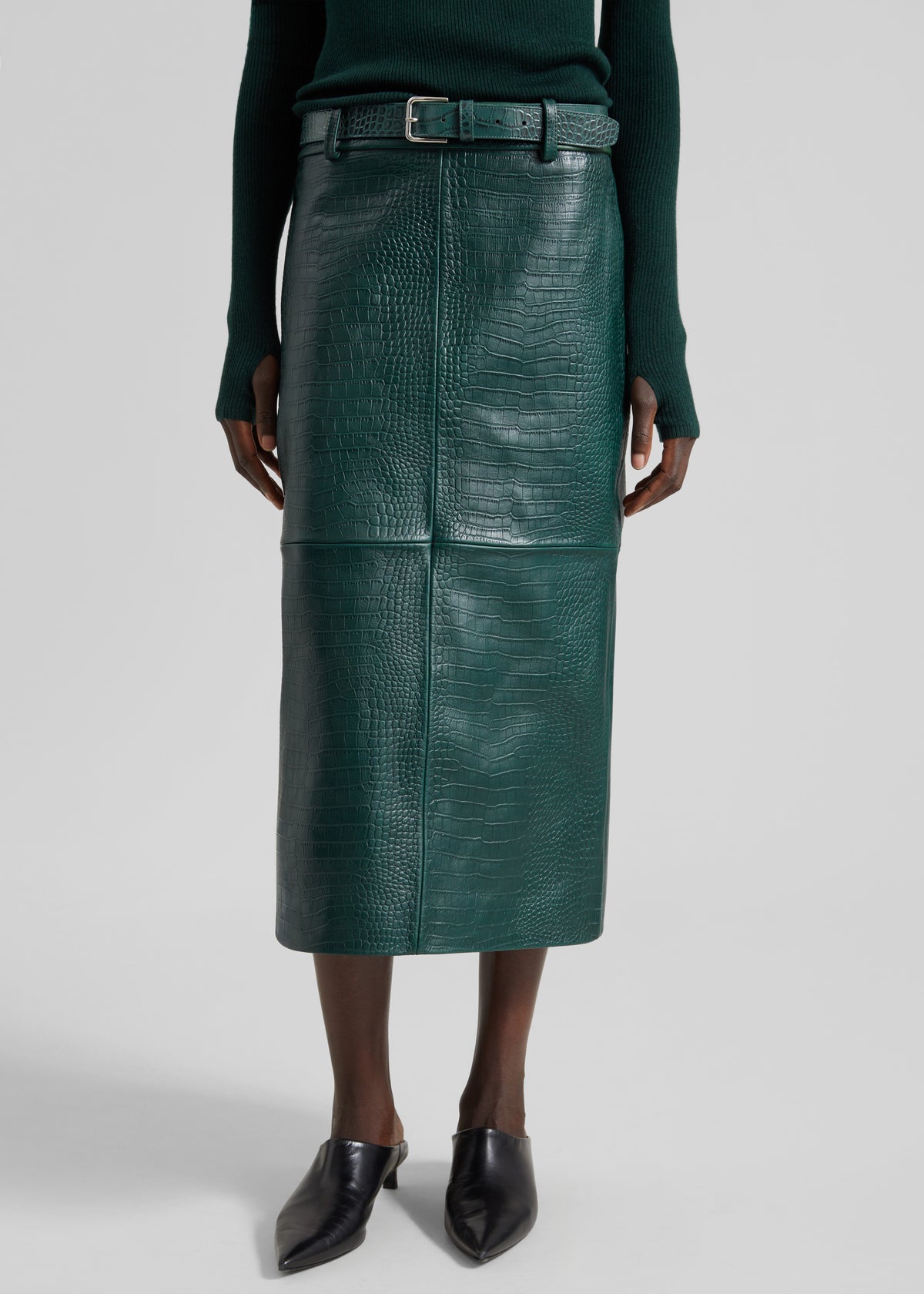 Taney Croc Leather Pencil Skirt - Bottle Green - 2