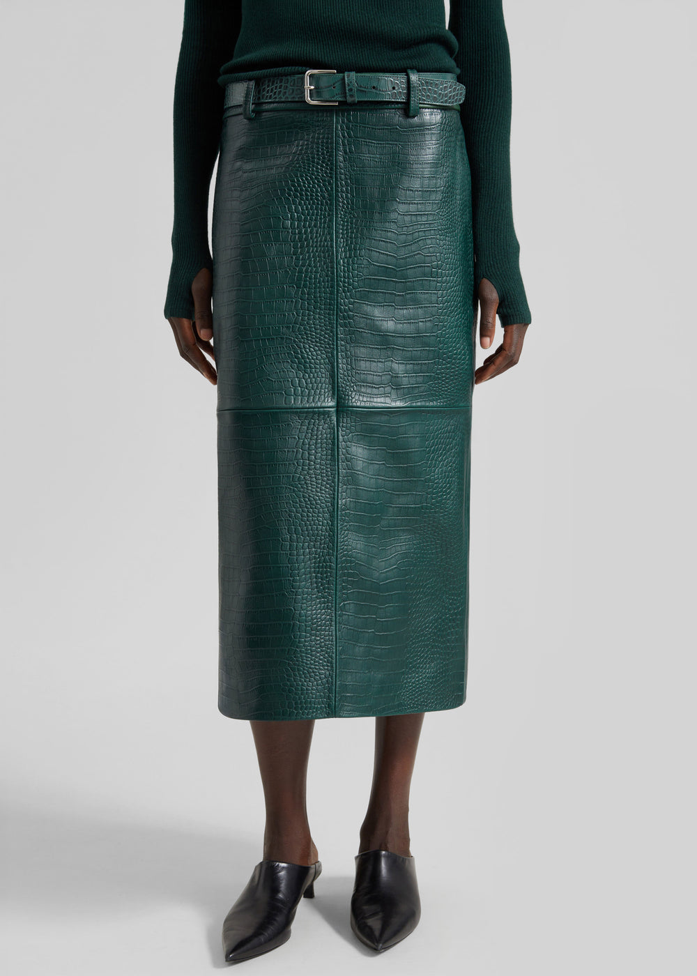 Taney Croc Leather Pencil Skirt - Bottle Green - 1