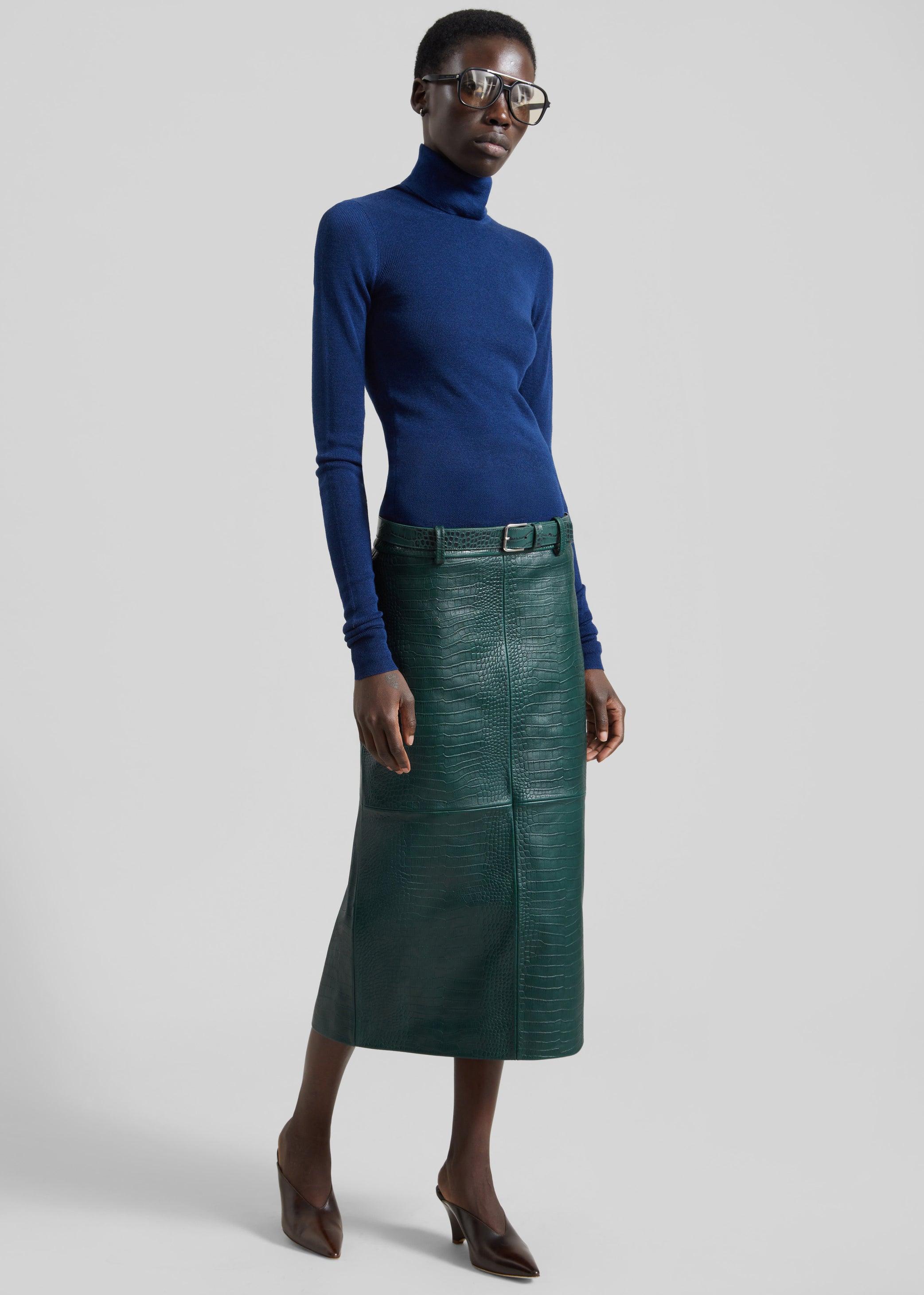 Shop the look image for Taney Croc Leather Pencil Skirt - Bottle Green