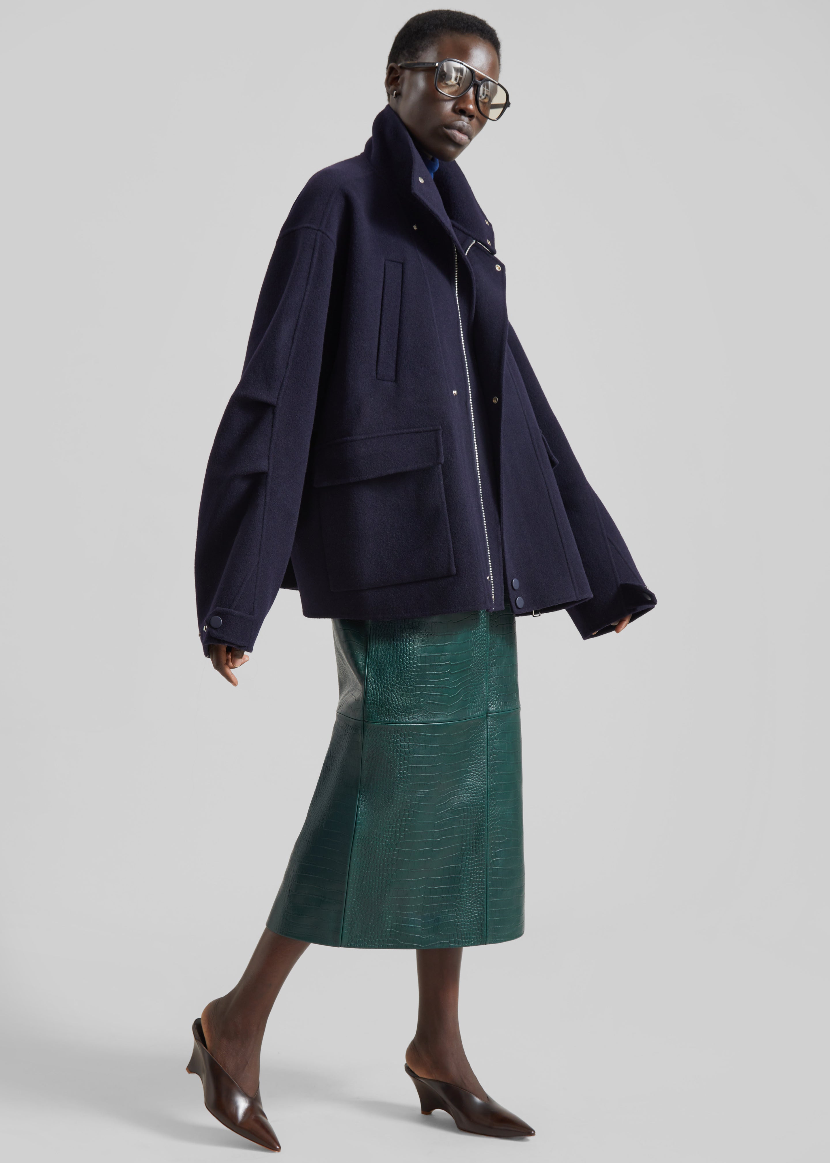 Taney Croc Leather Pencil Skirt - Bottle Green - 5