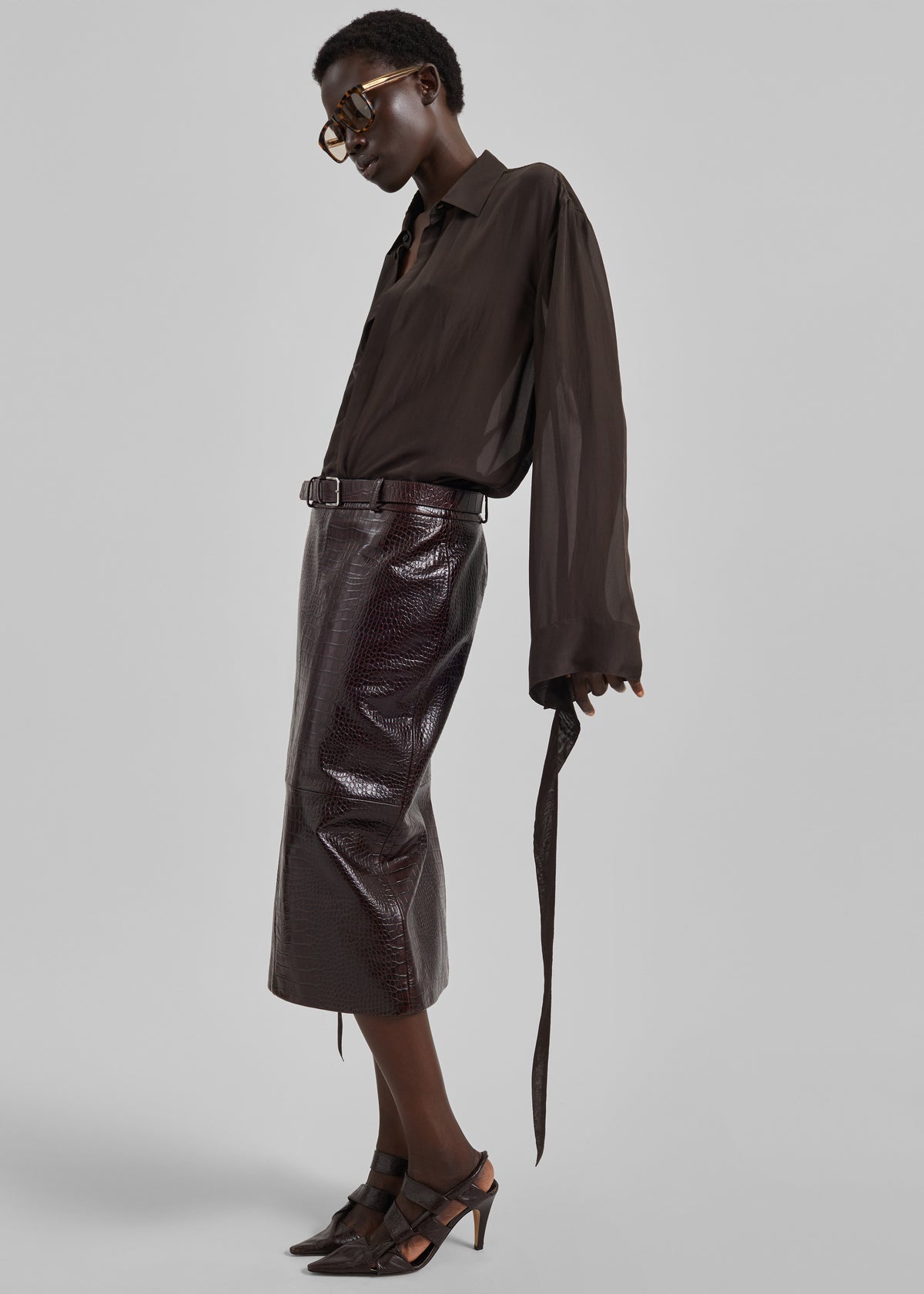 Taney Croc Leather Pencil Skirt - Dark Brown - 4