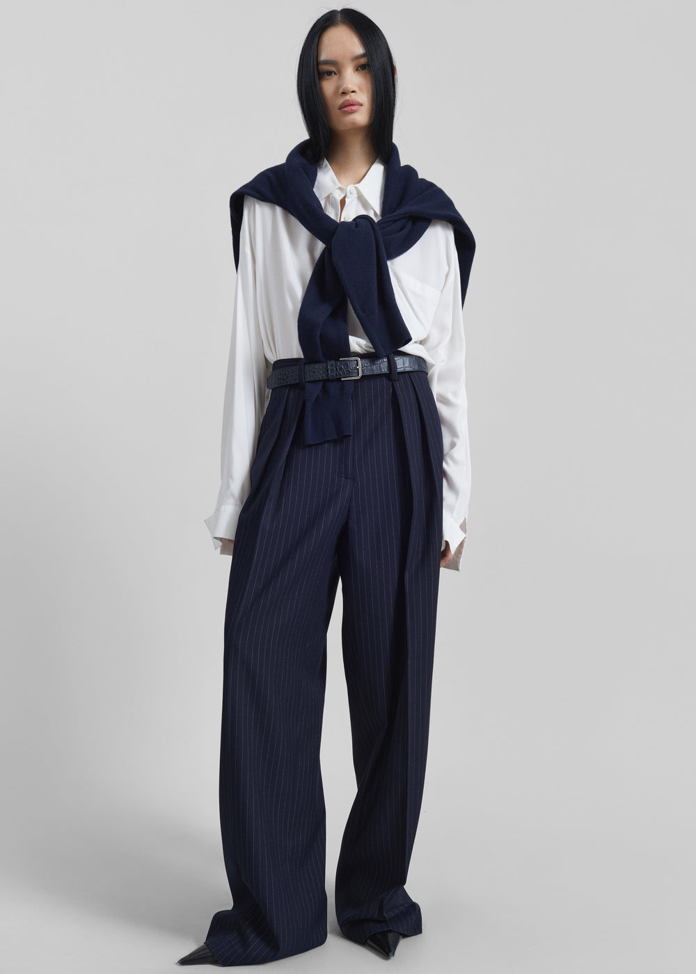 Tansy Pleated Trousers - Navy Pinstripe - 1