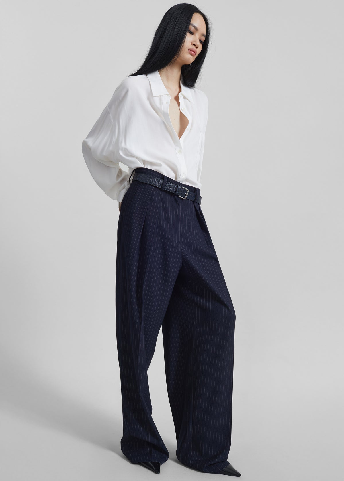 Tansy Pleated Trousers - Navy Pinstripe - 9