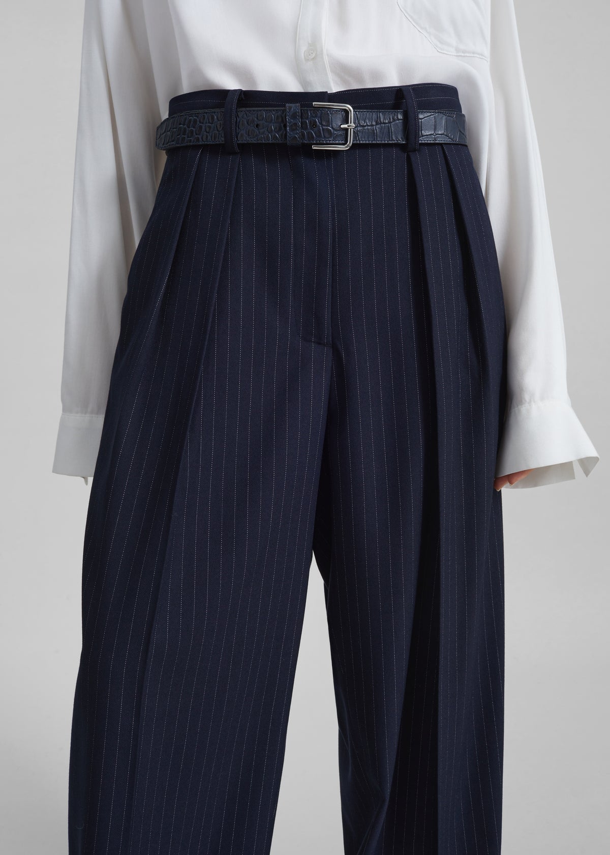 Tansy Pleated Trousers - Navy Pinstripe - 3