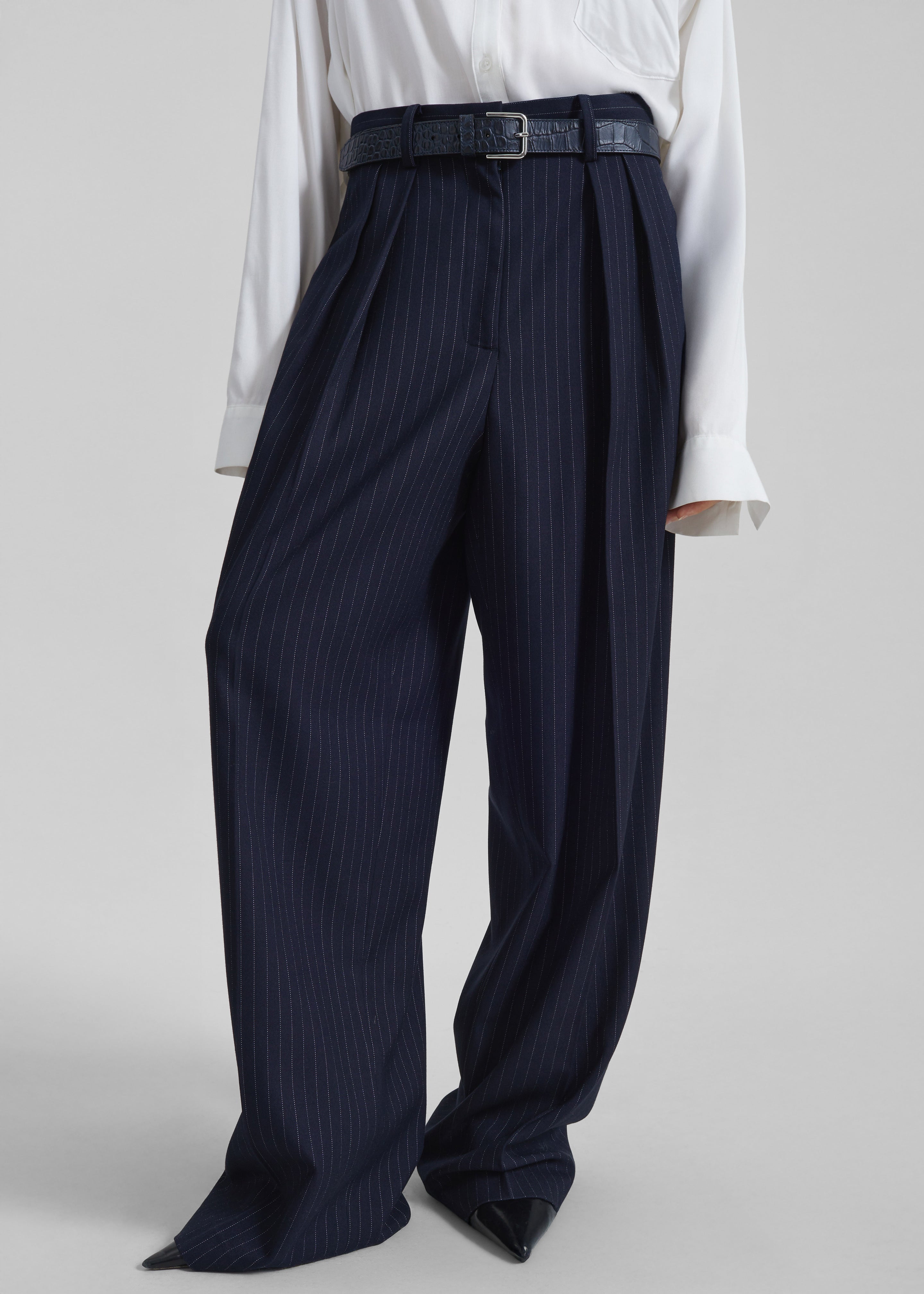 Tansy Pleated Trousers - Navy Pinstripe - 6