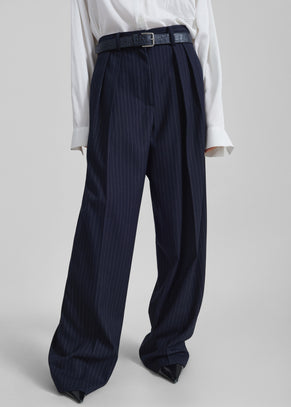 Tansy Pleated Trousers - Navy Pinstripe
