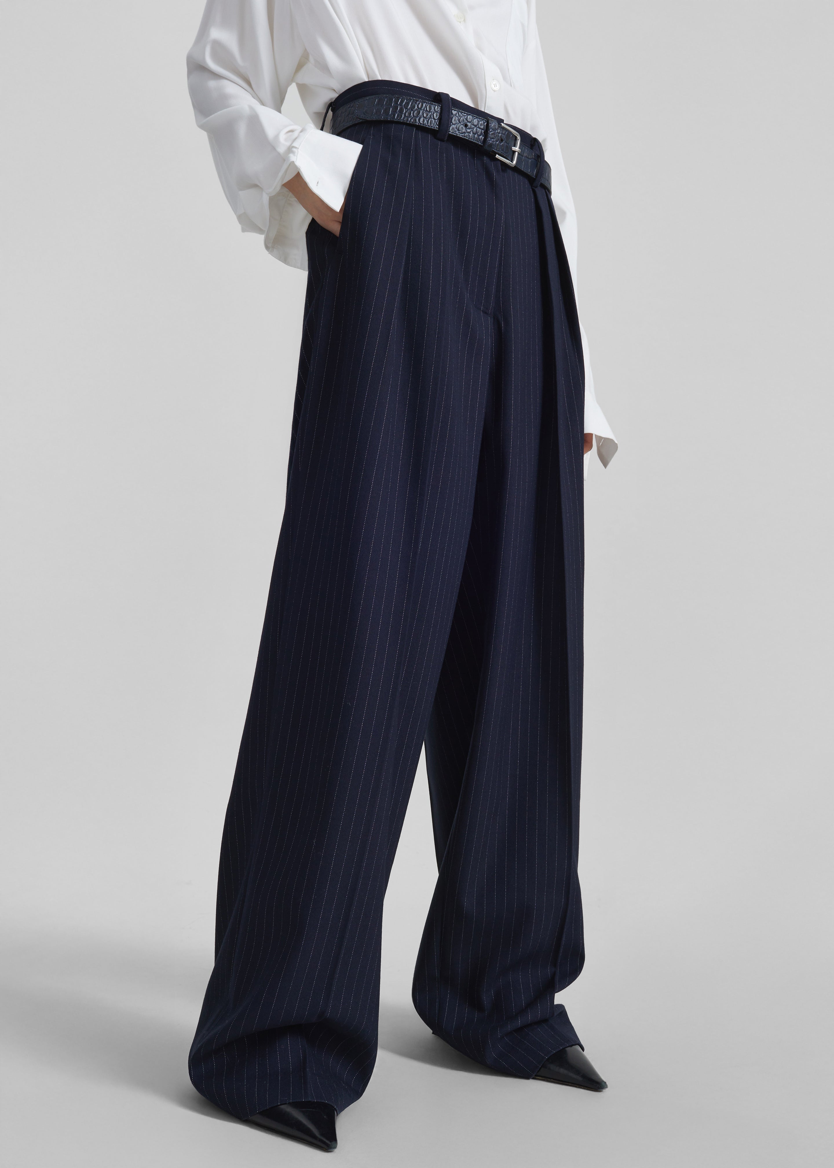 Tansy Pleated Trousers - Navy Pinstripe – The Frankie Shop