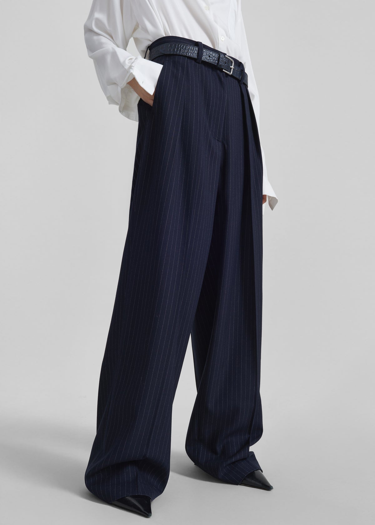 Tansy Pleated Trousers - Navy Pinstripe - 11