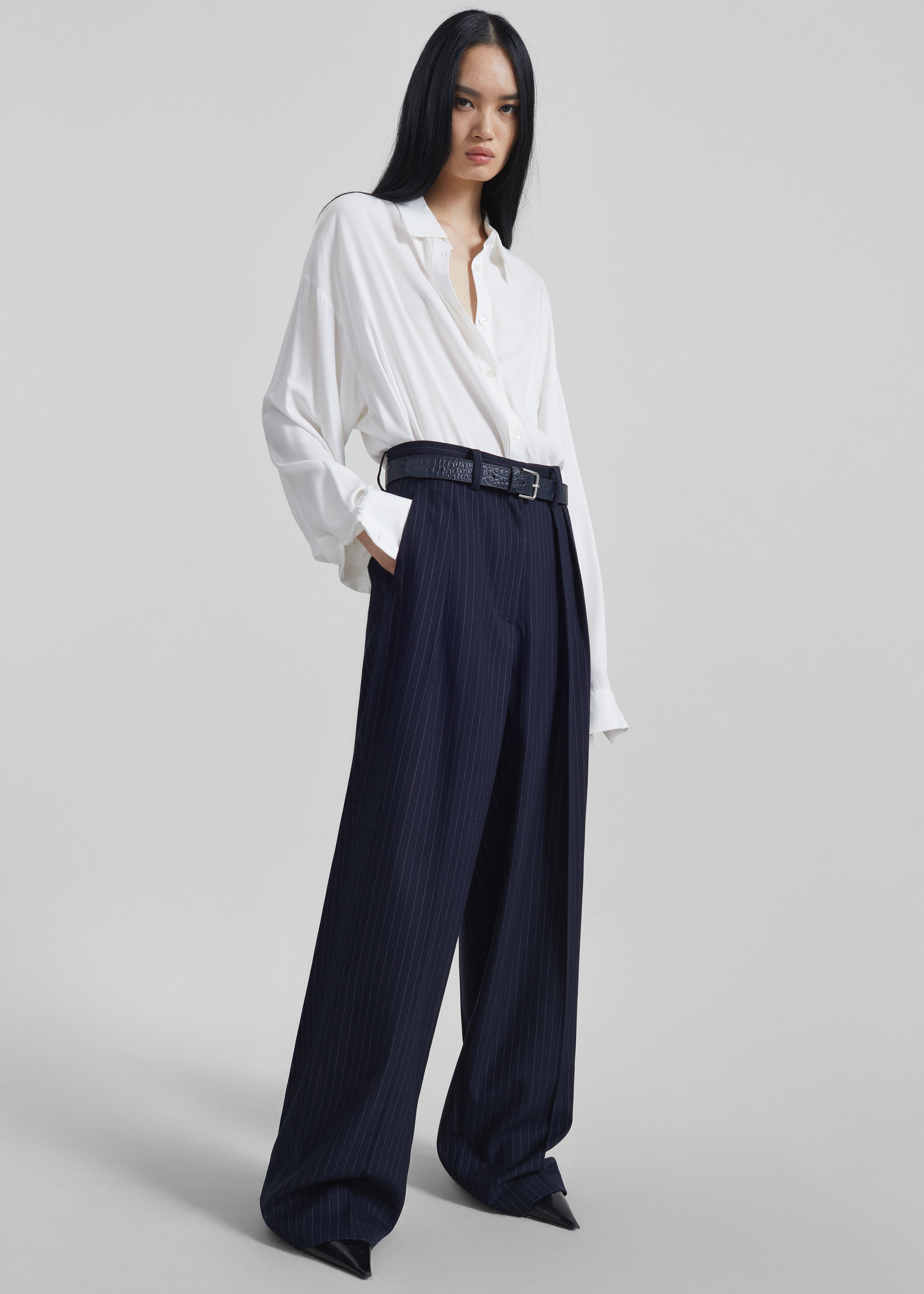 Tansy Pleated Trousers - Navy Pinstripe – The Frankie Shop