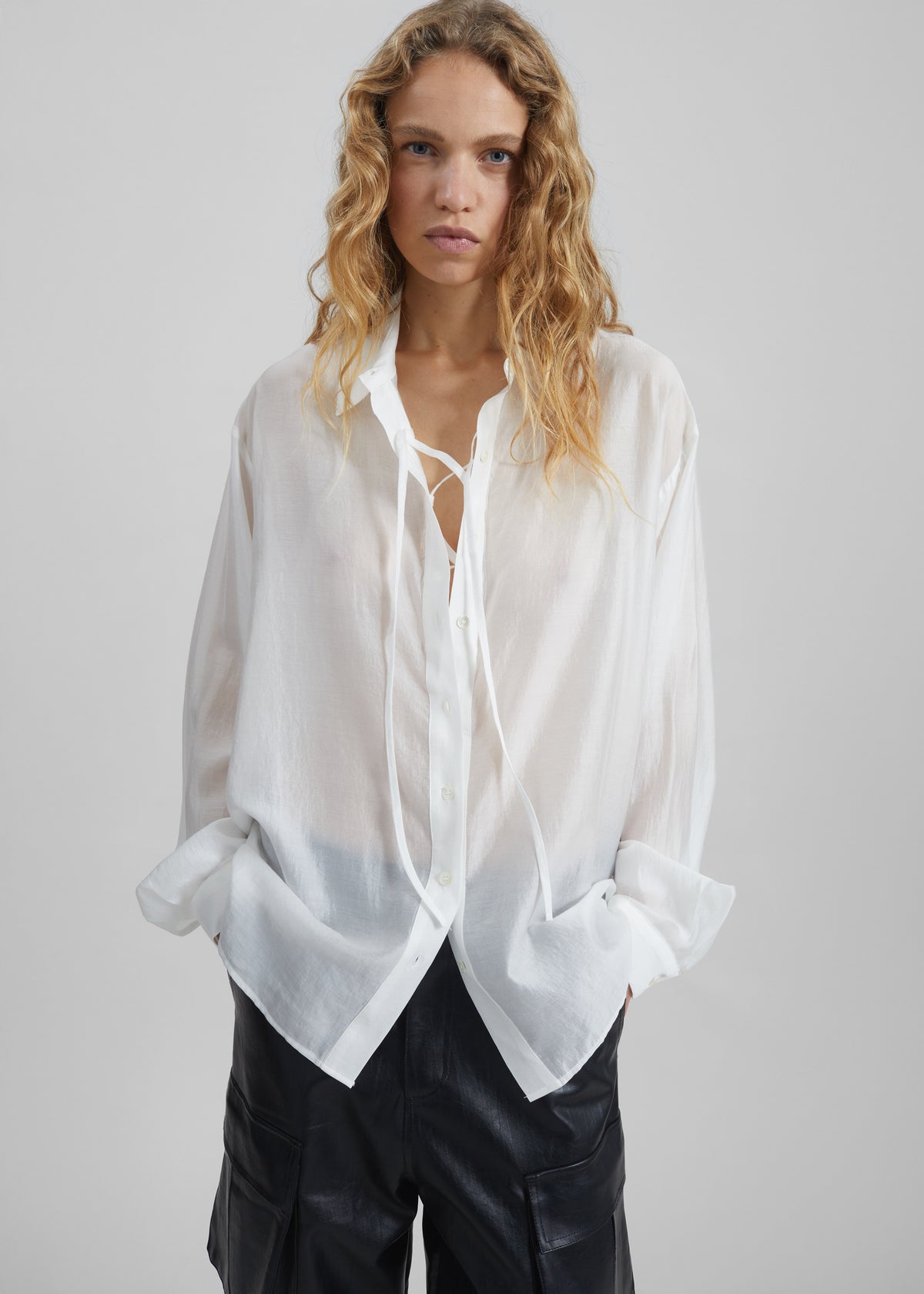 white sheer dress shirt Sugar Thrillz Ruffle Trim Sheer Button Up Shirt