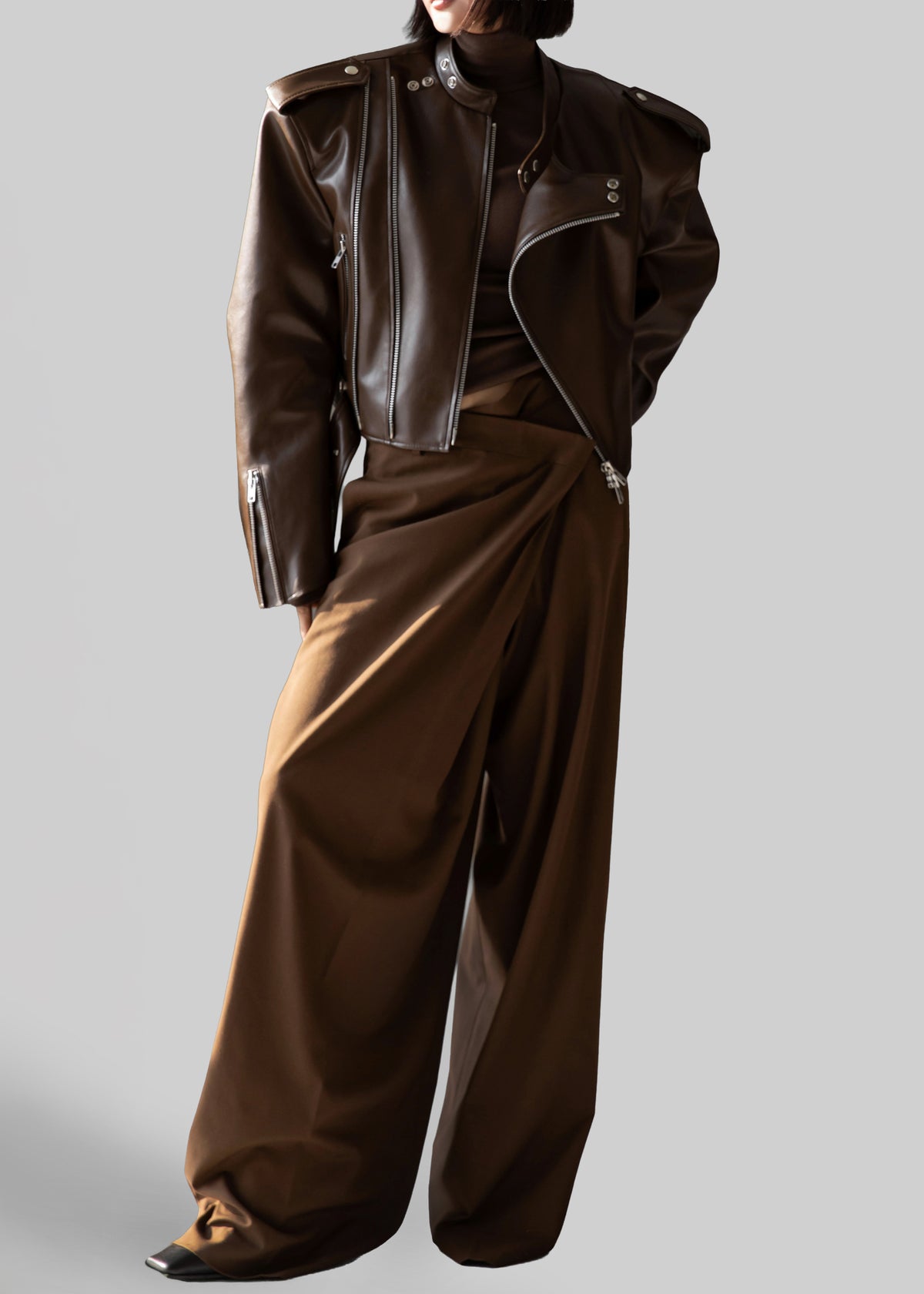 Teagan Boxy Faux Leather Jacket - Brown - 8