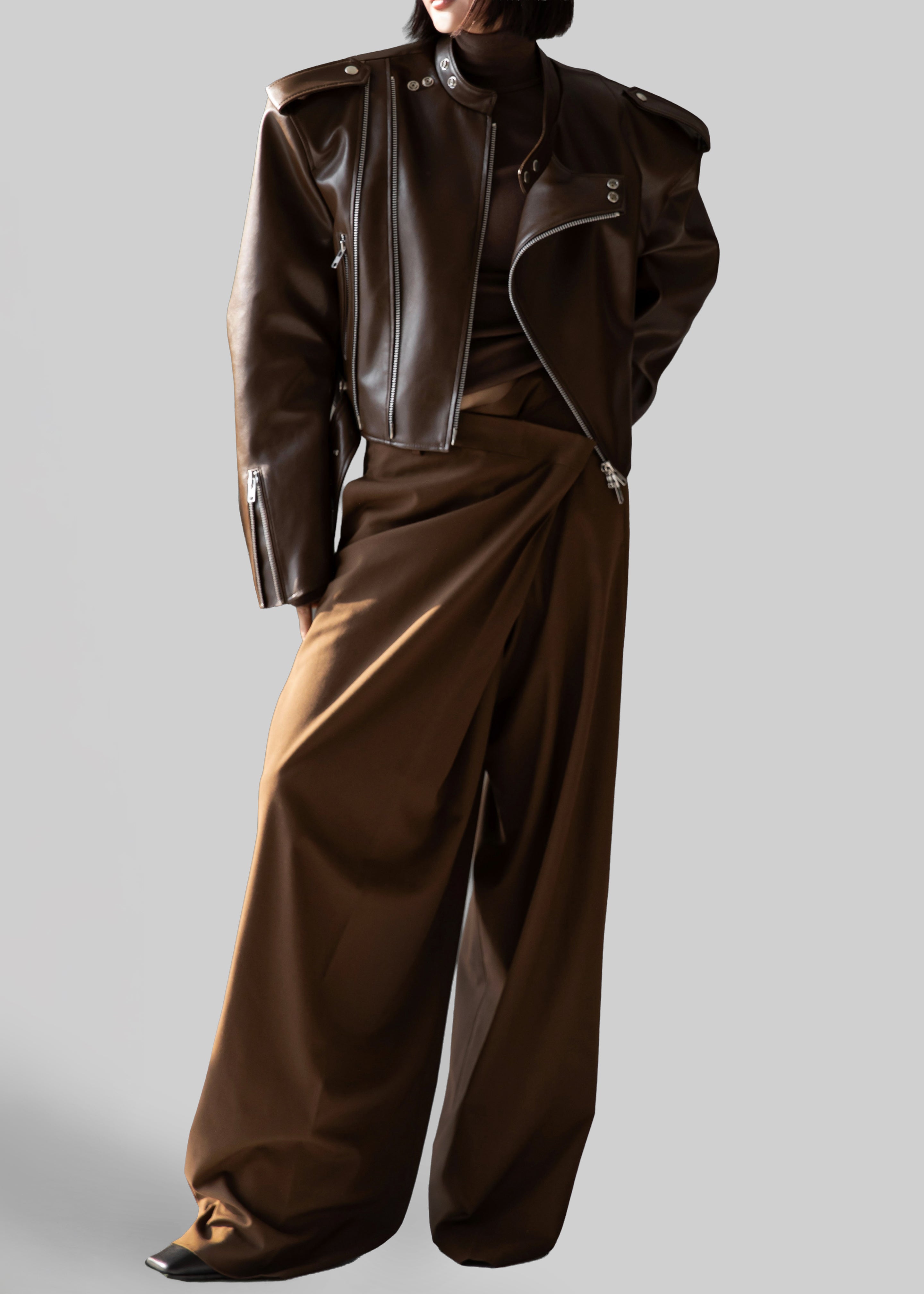 Teagan Boxy Faux Leather Jacket - Brown - 8