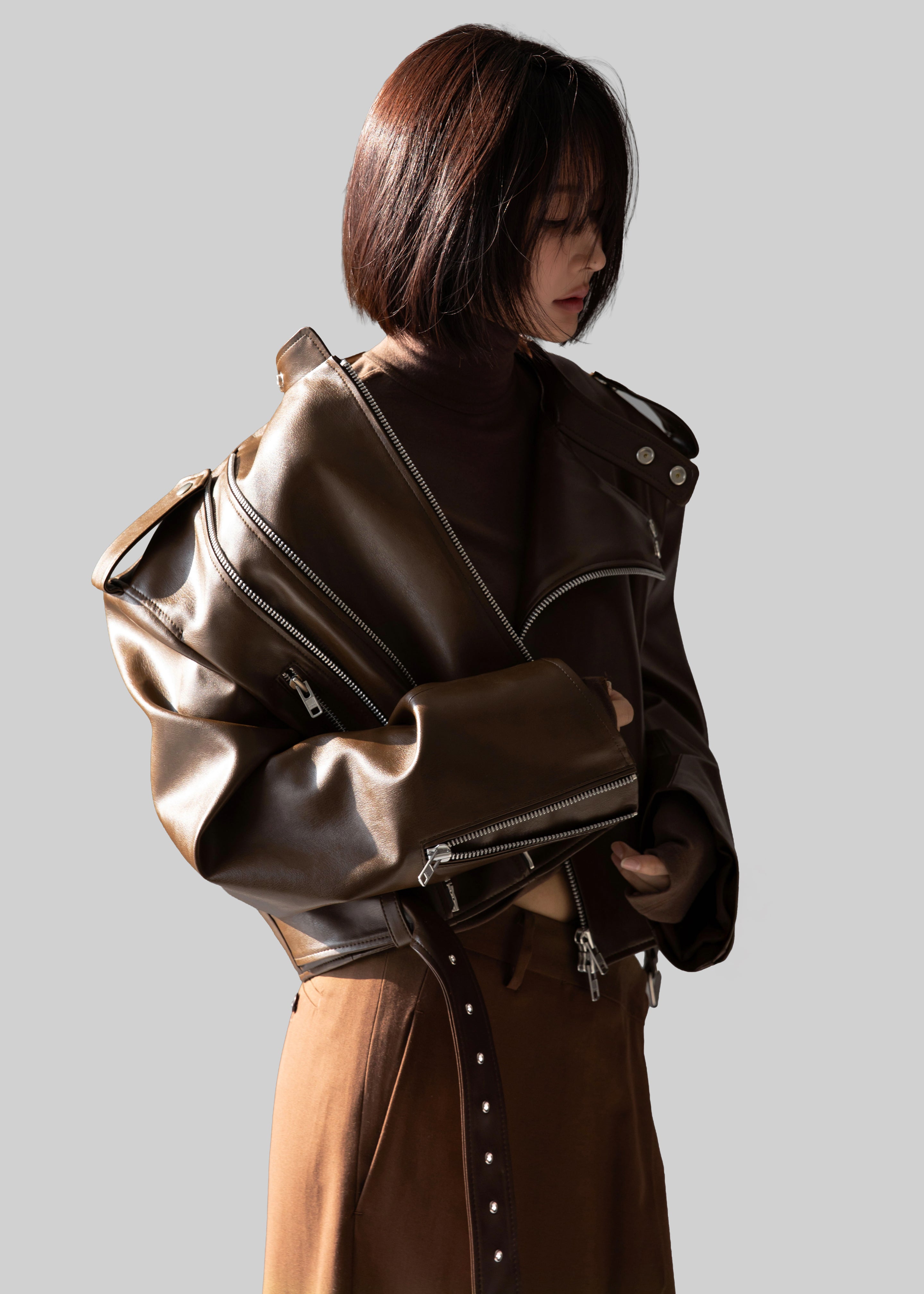 Teagan Boxy Faux Leather Jacket - Brown - 7