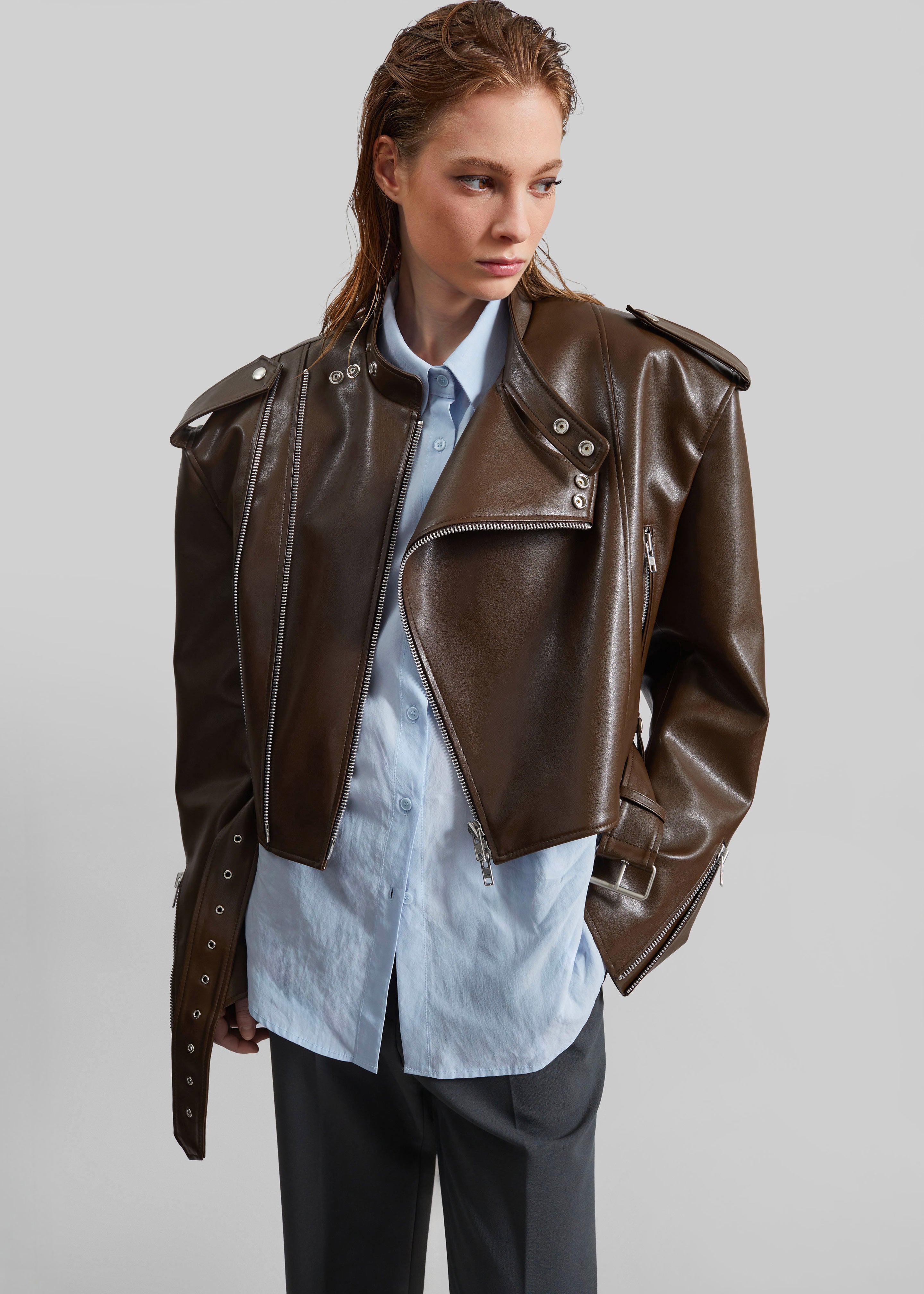 Teagan Boxy Faux Leather Jacket - Brown - 1