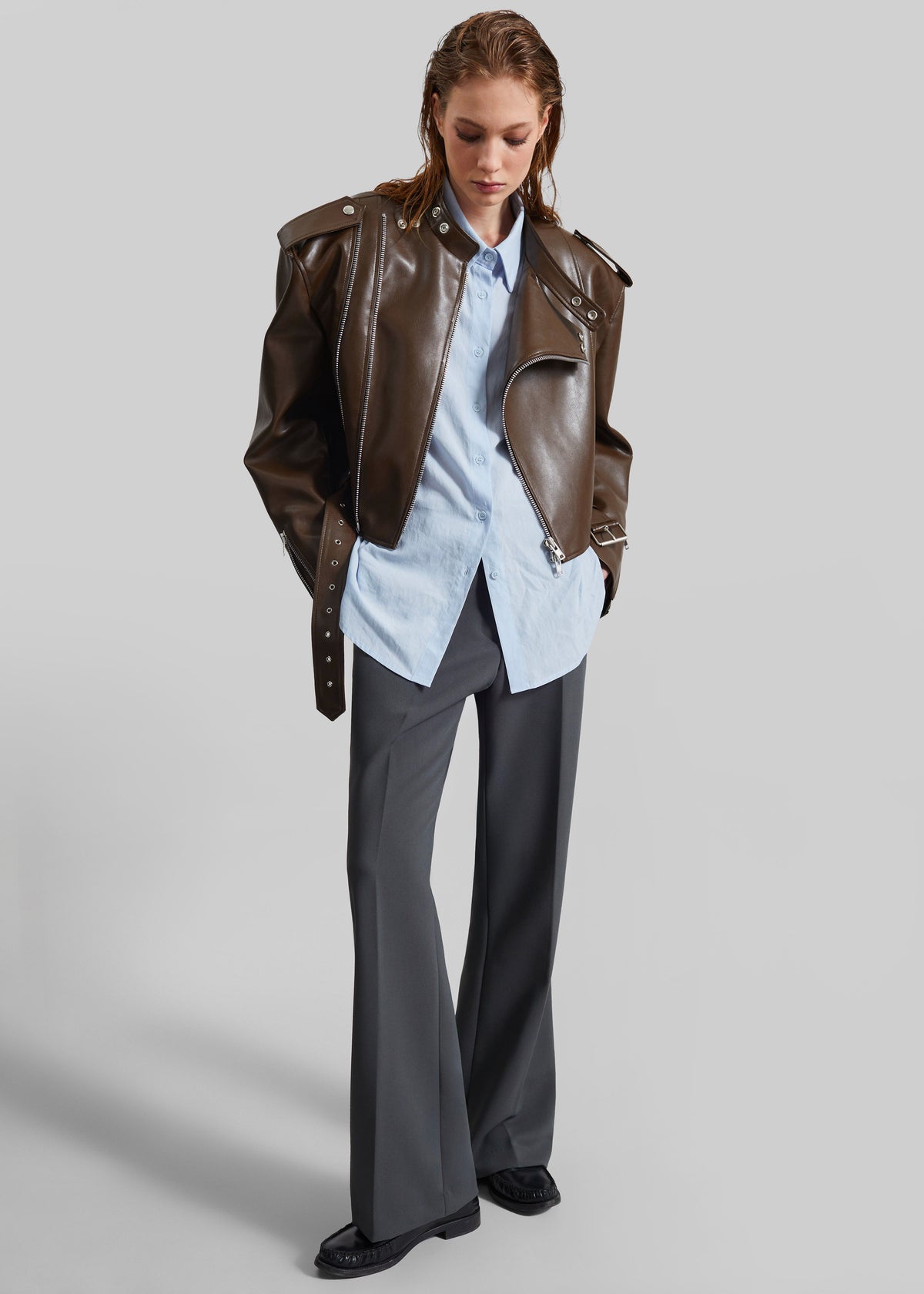 Teagan Boxy Faux Leather Jacket - Brown - 3