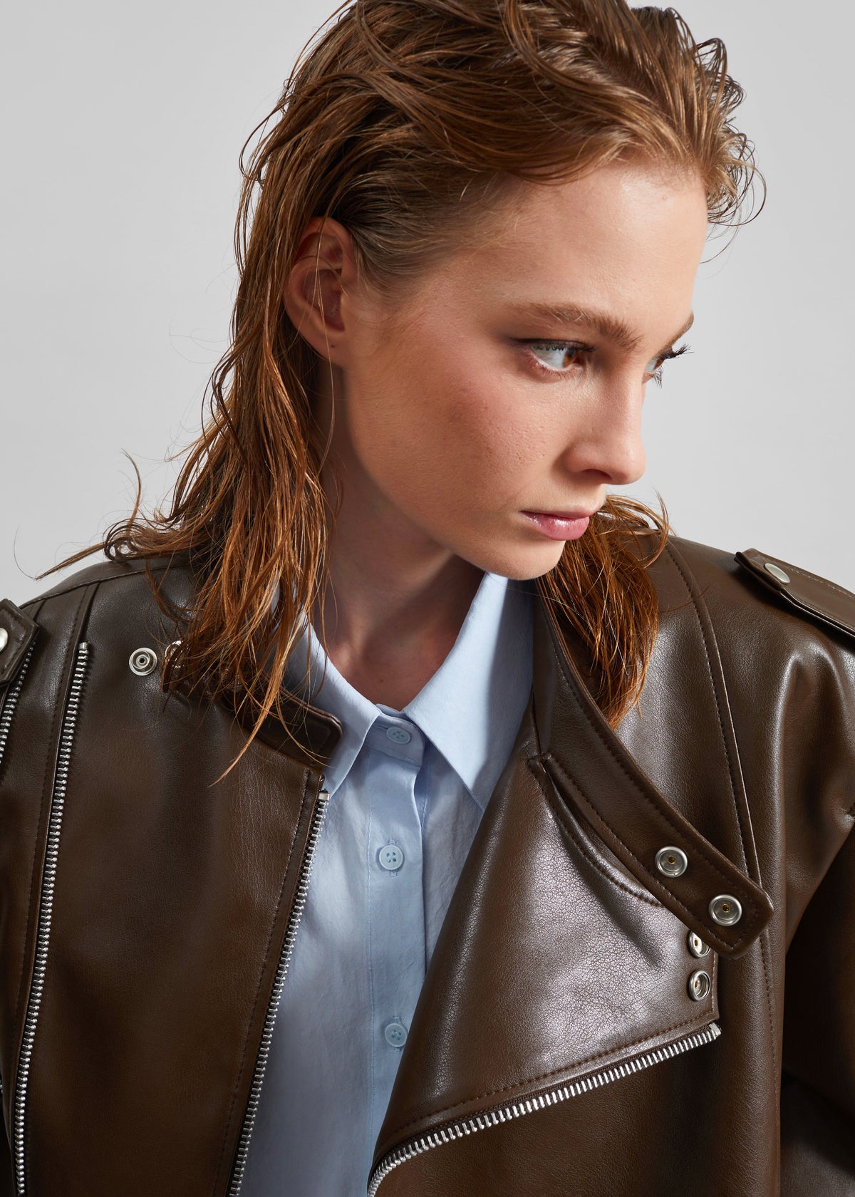 Teagan Boxy Faux Leather Jacket - Brown - 6