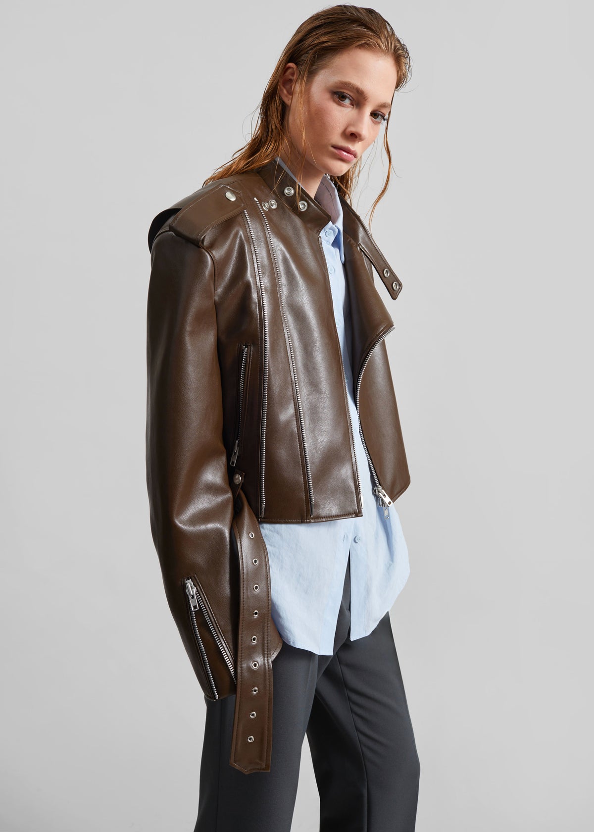 Teagan Boxy Faux Leather Jacket - Brown - 2