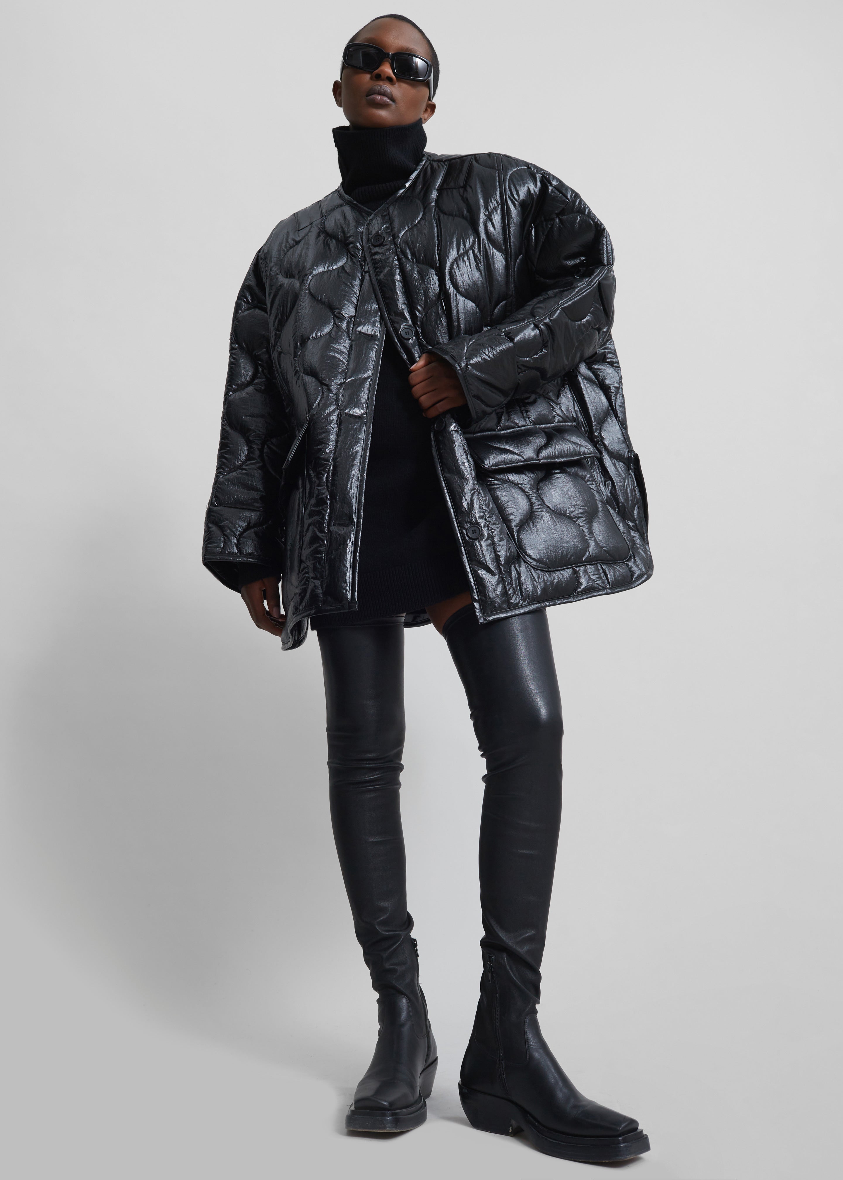 Teddy Quilted Jacket - Glossy Black - 2