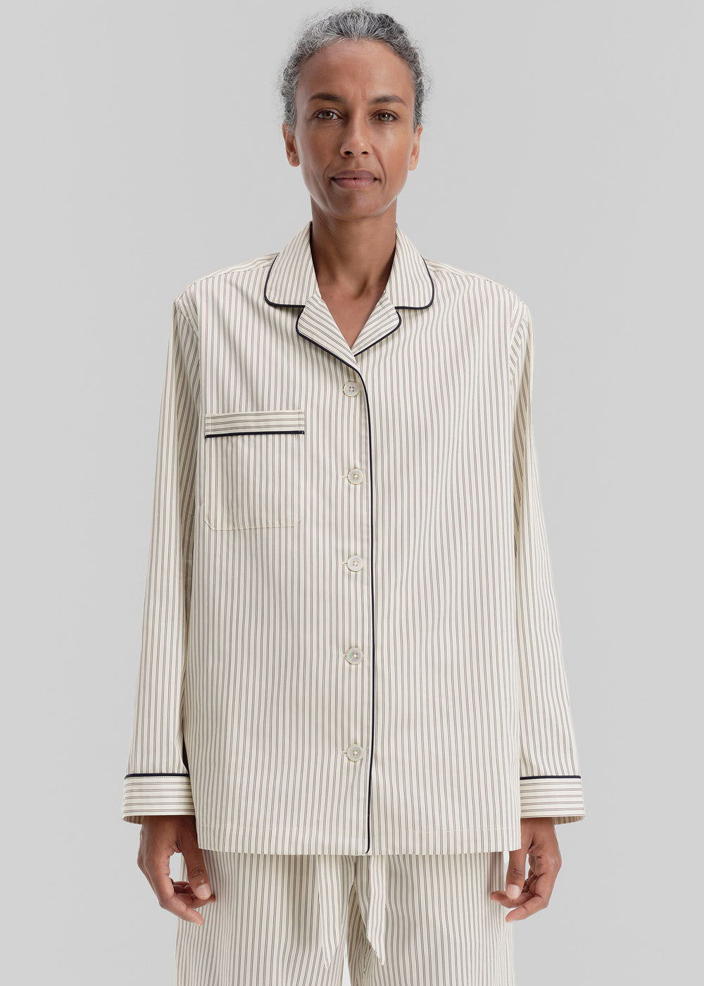 Tekla Sateen Pyjama Shirt - Brown Pinstripe - 1
