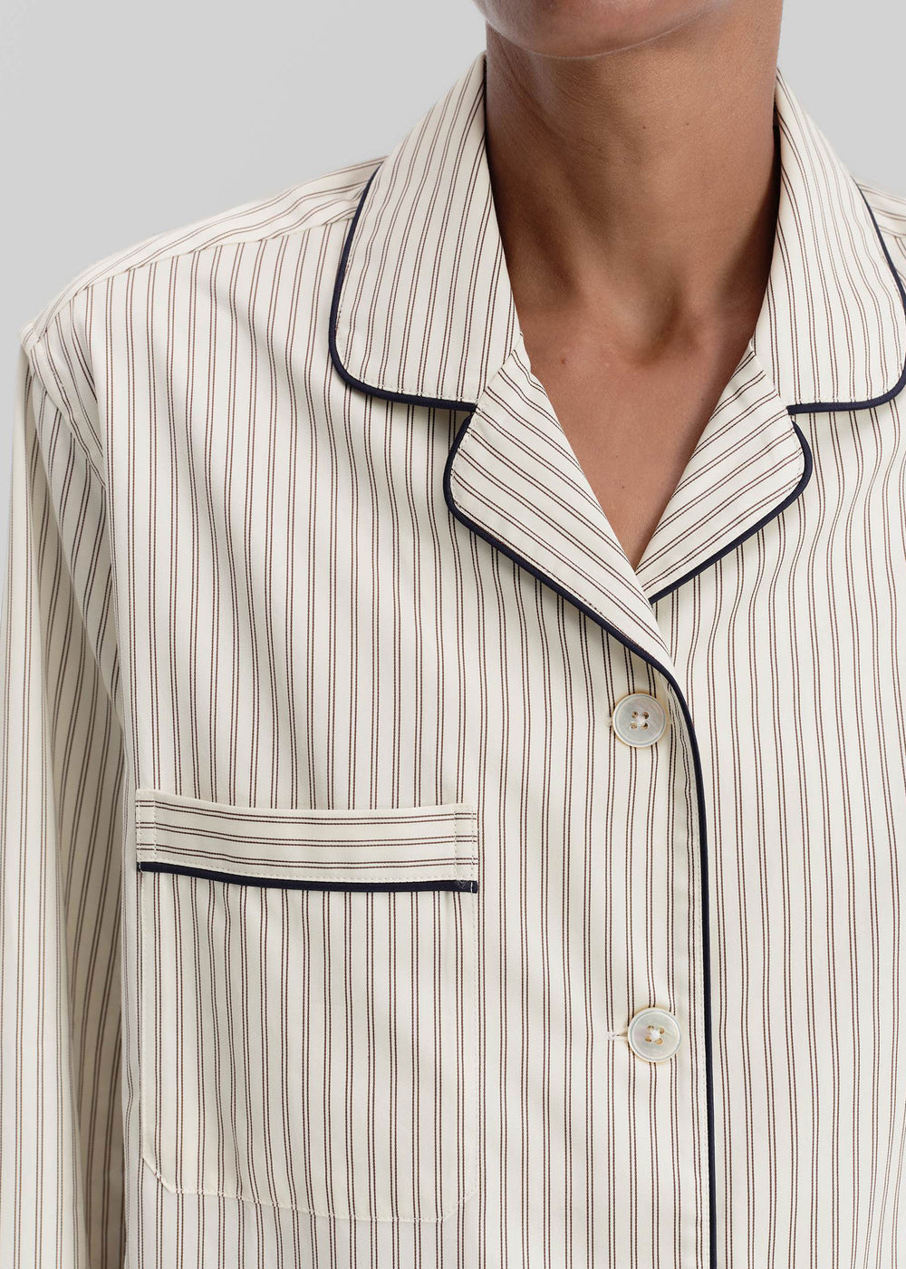 Tekla Sateen Pyjama Shirt - Brown Pinstripe