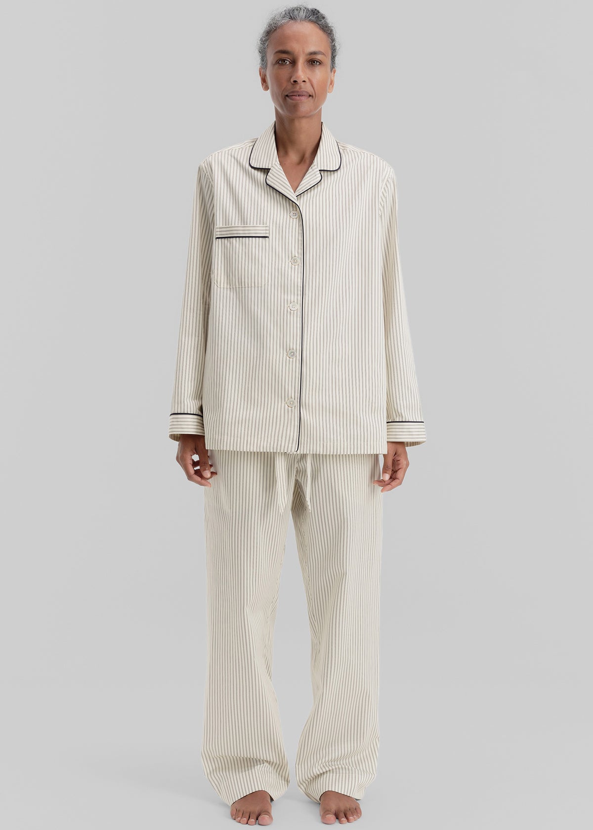 Tekla Sateen Pyjama Shirt - Brown Pinstripe - 3